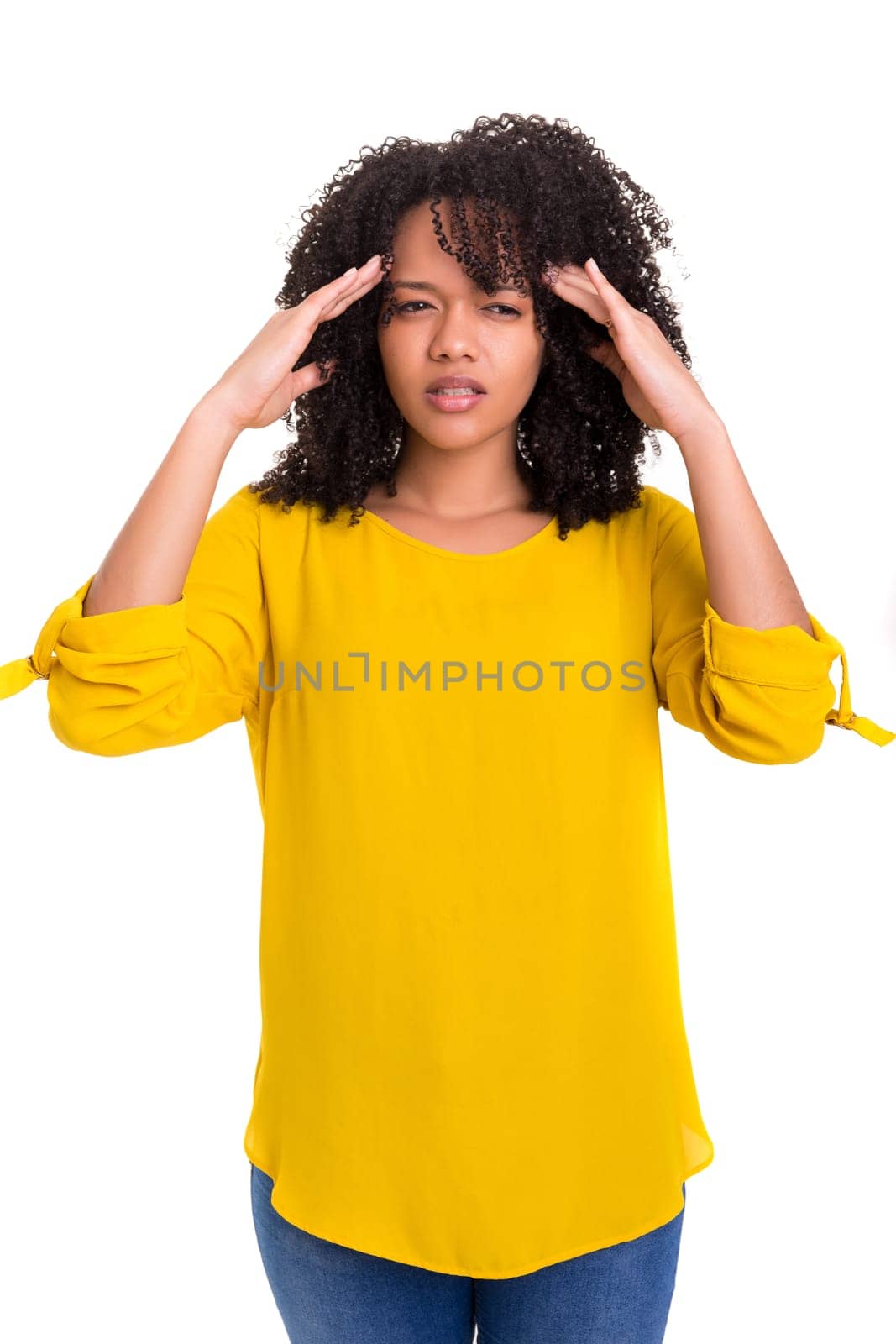 A worried young african woman, isolated over white