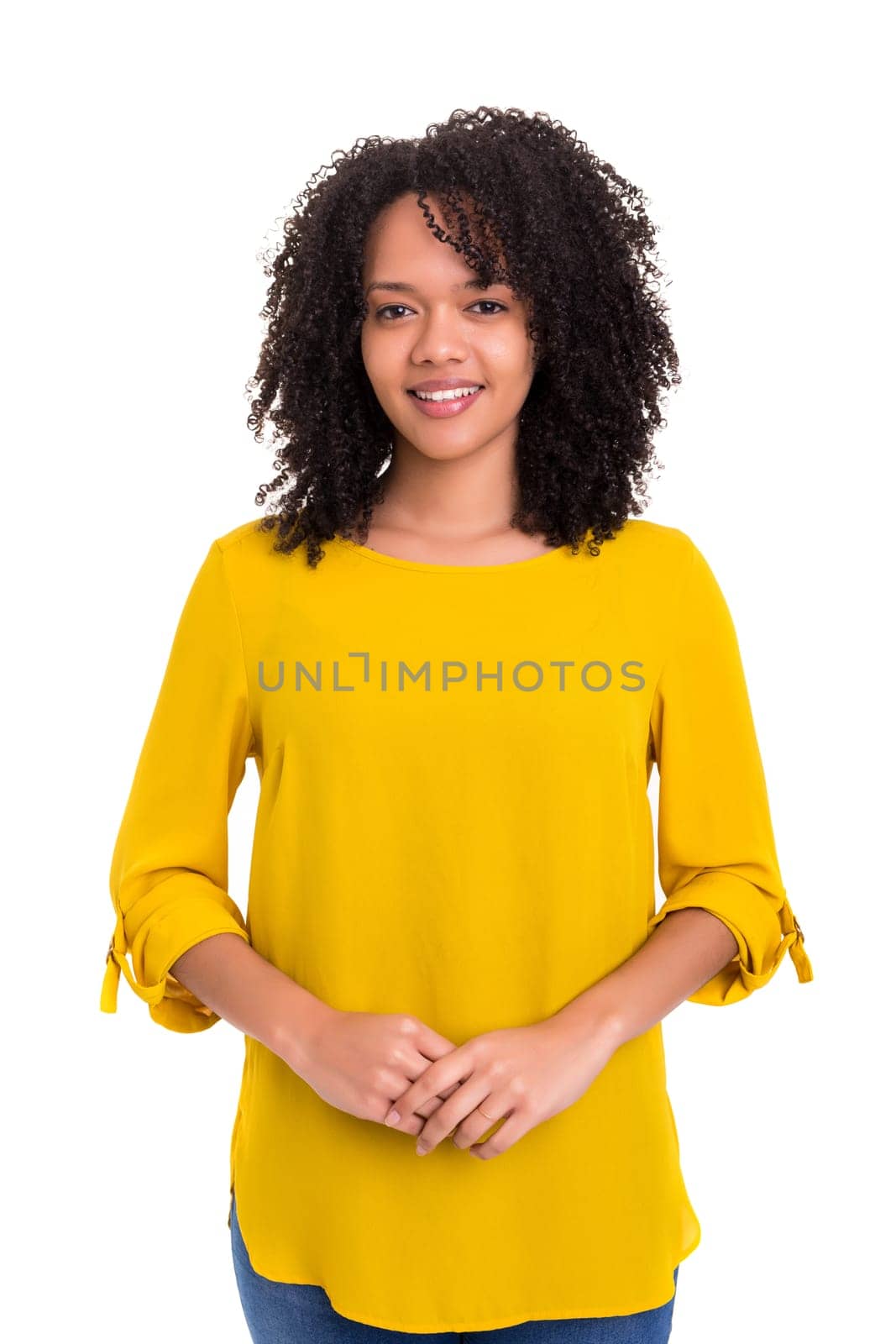 Beautiful young african woman posing isolated over white