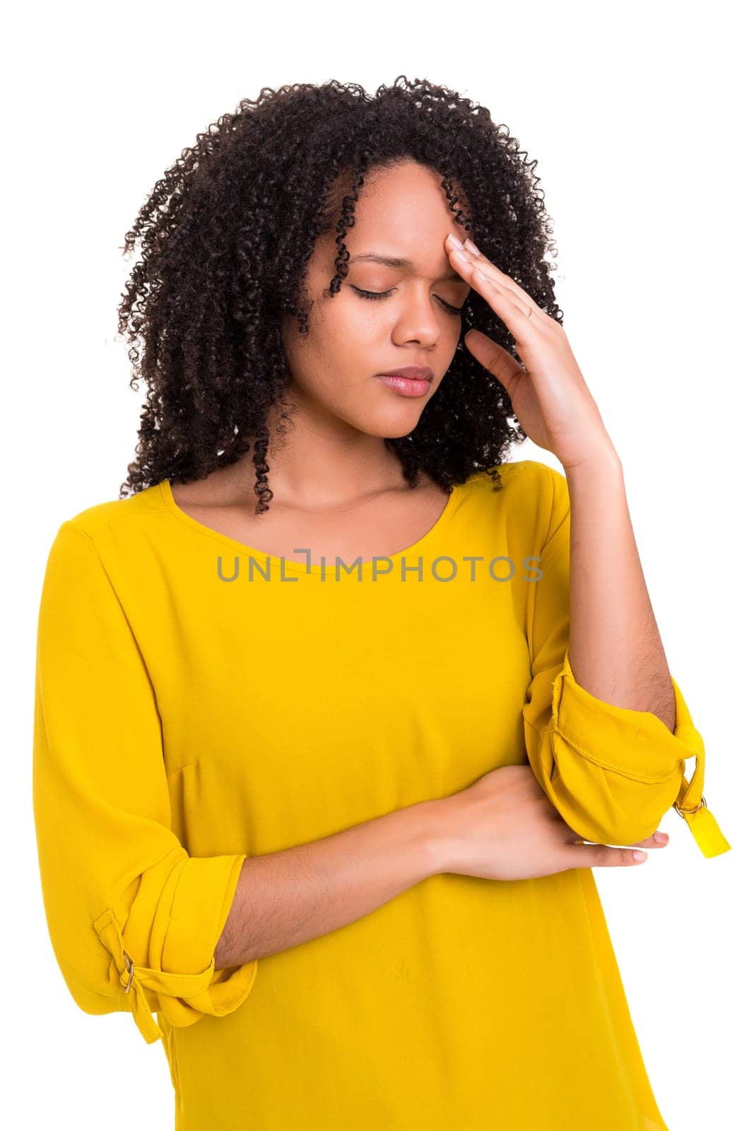 A worried young african woman, isolated over white