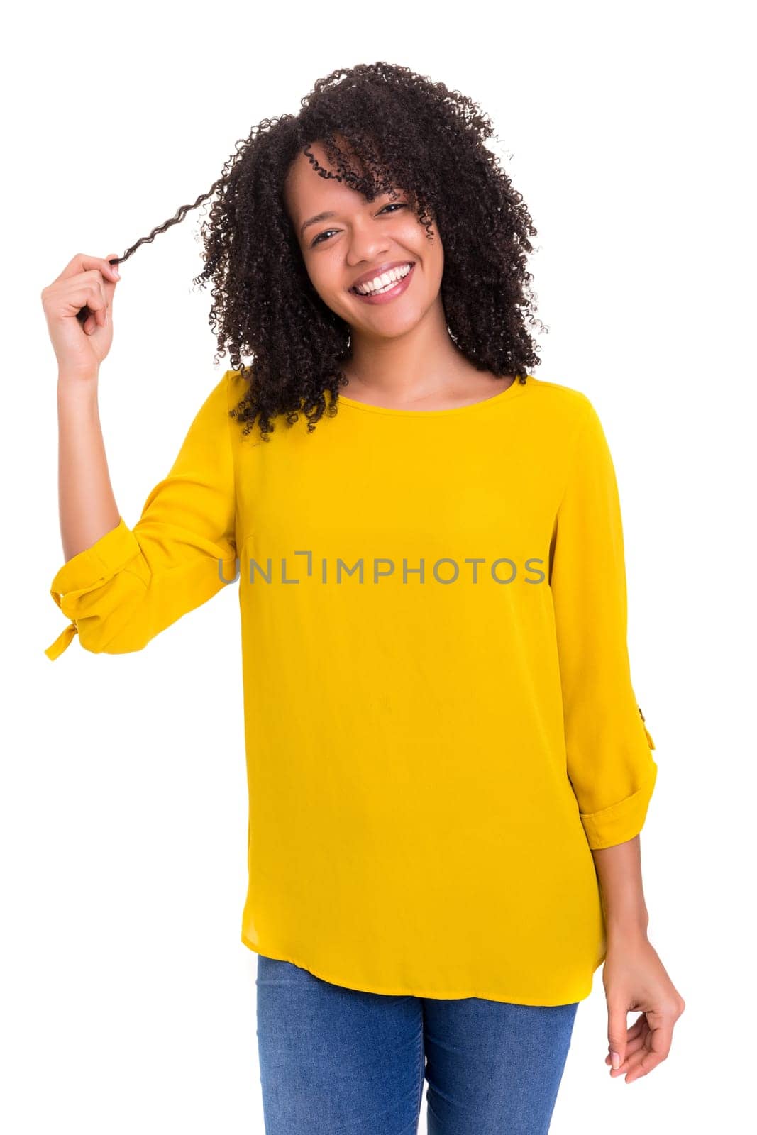 Beautiful young african woman posing isolated over white