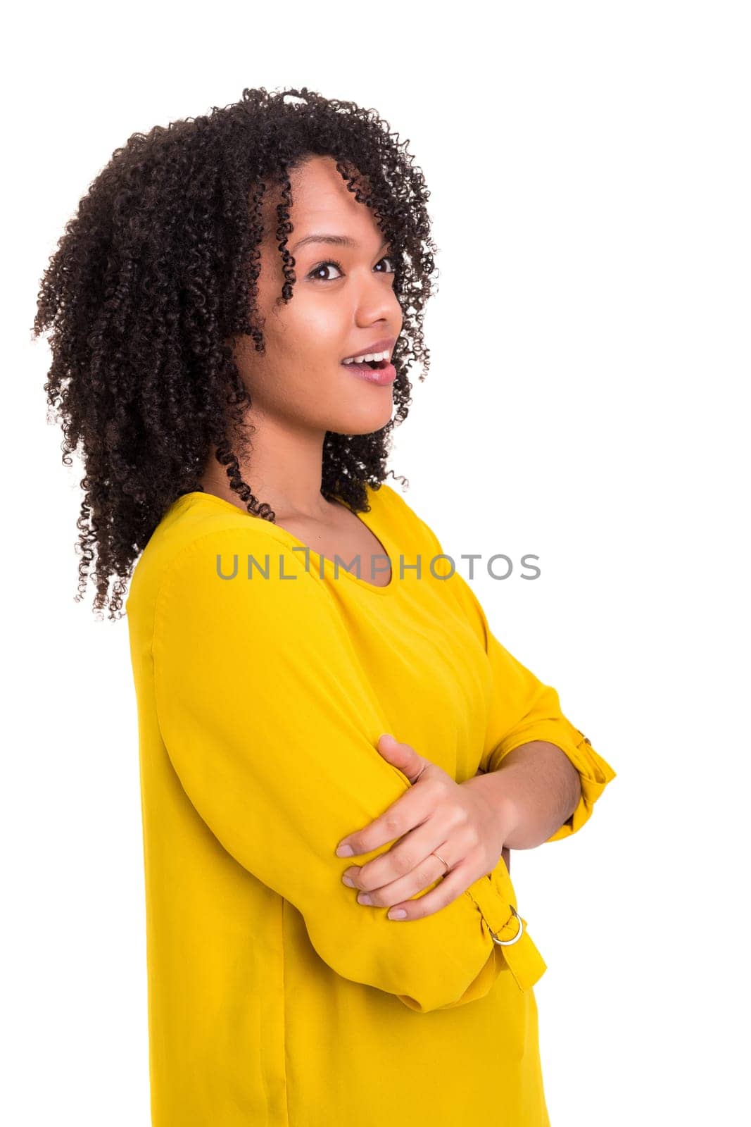 Beautiful young african woman posing isolated over white