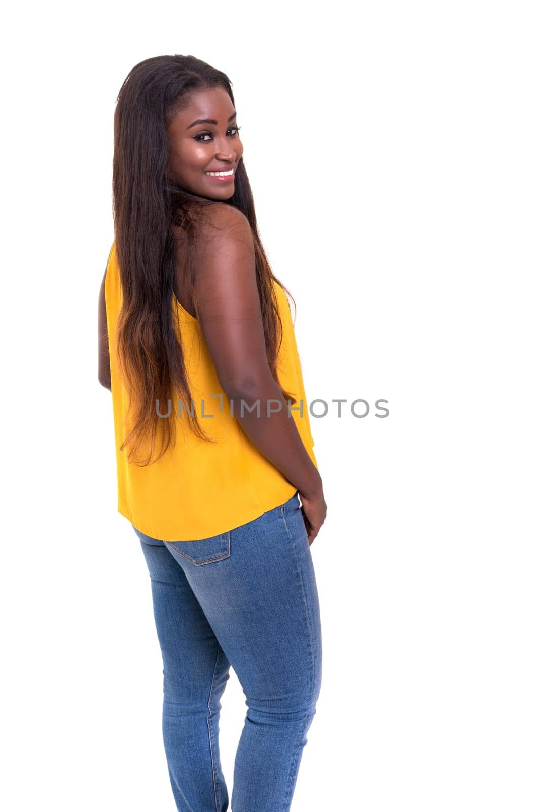 Beautiful young african woman posing isolated over white