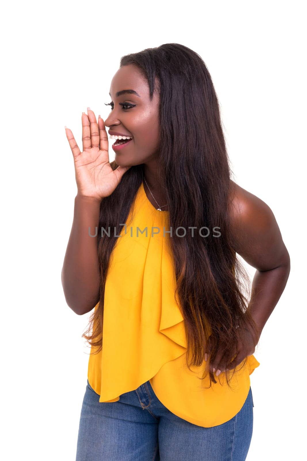 Very happy african woman screaming at someone, isolated over a white background