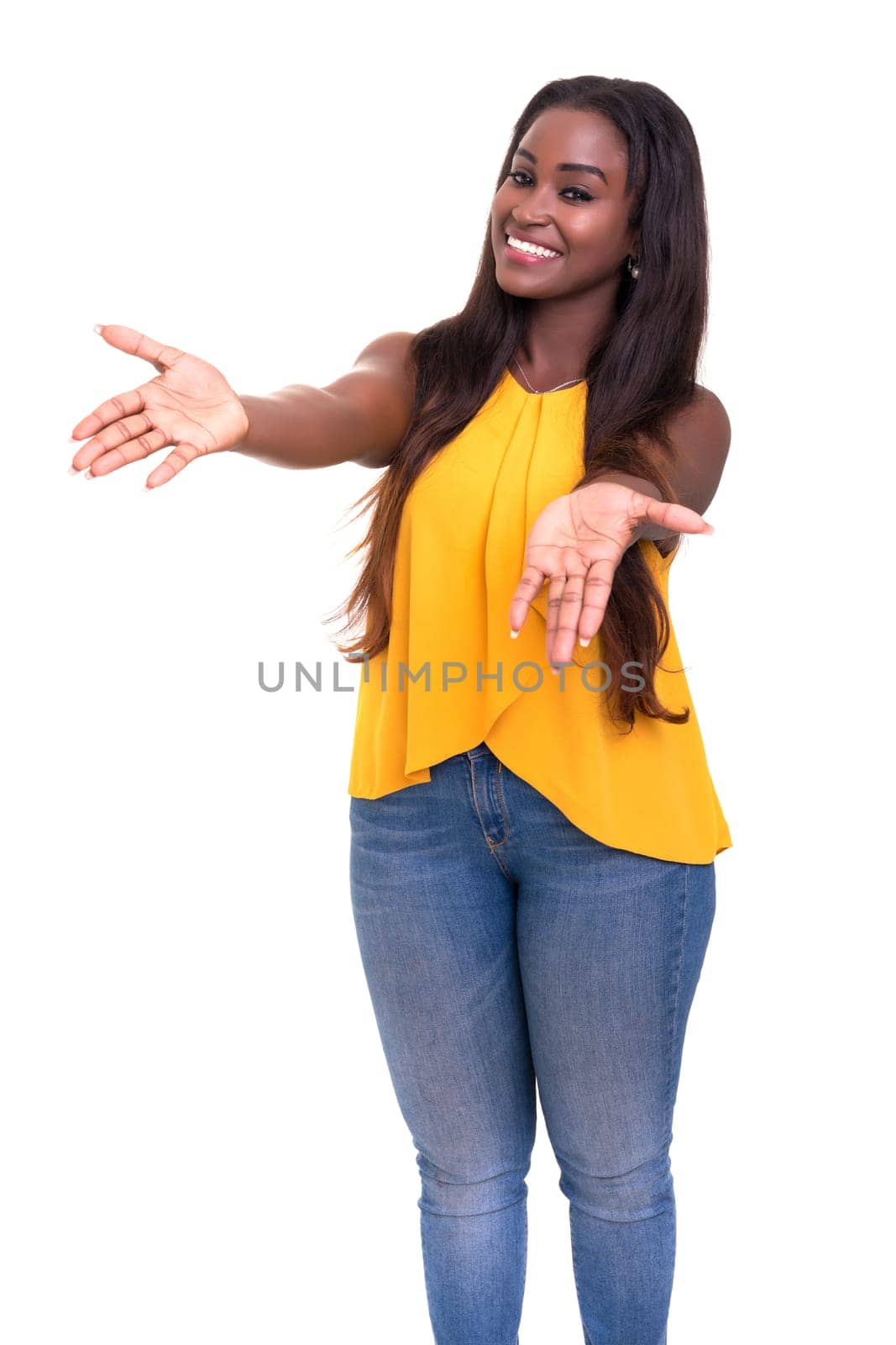 Studio shot of a beautiful african woman offering a hug