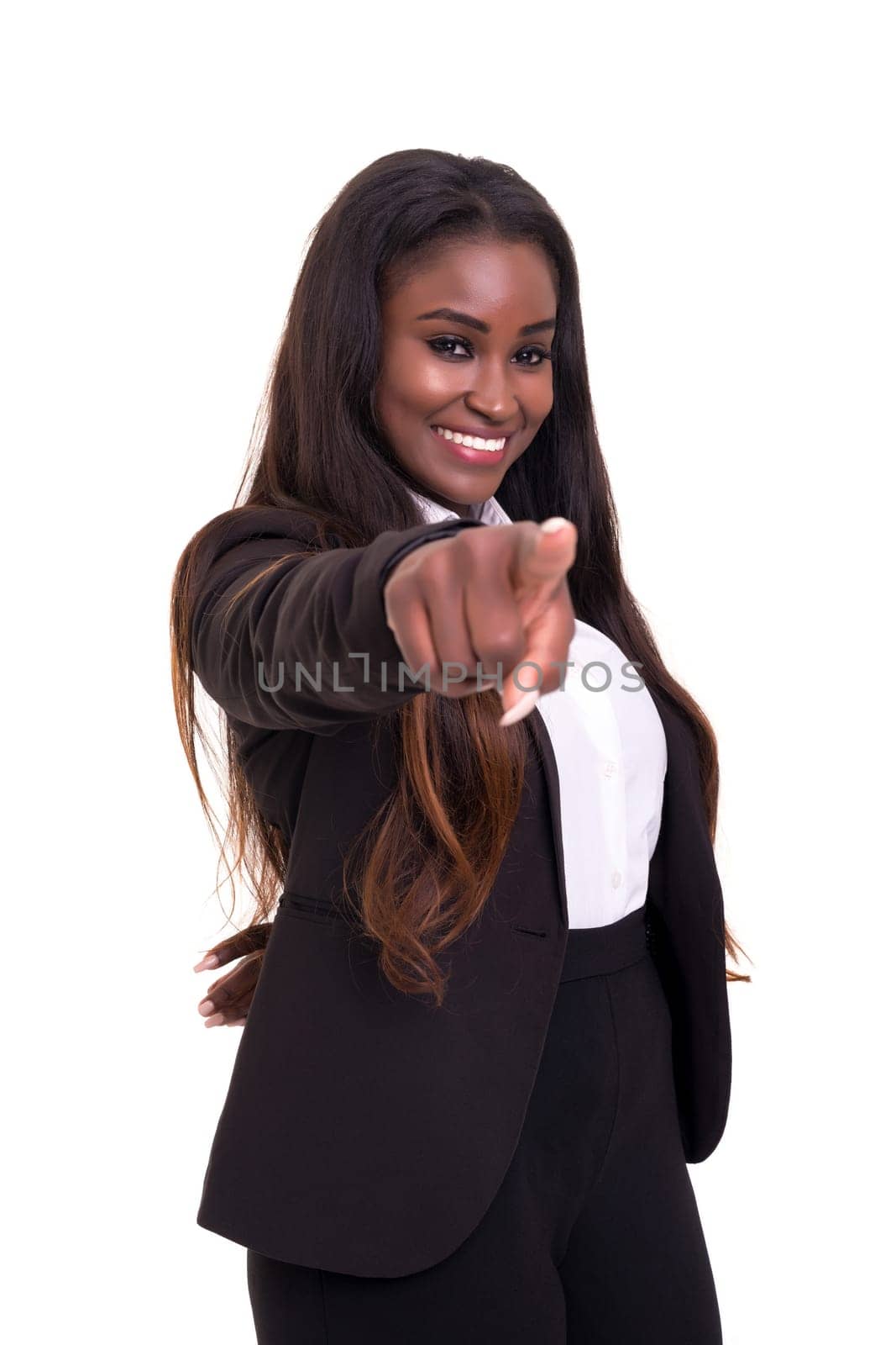 Young african business woman pointing at you, isolated over white