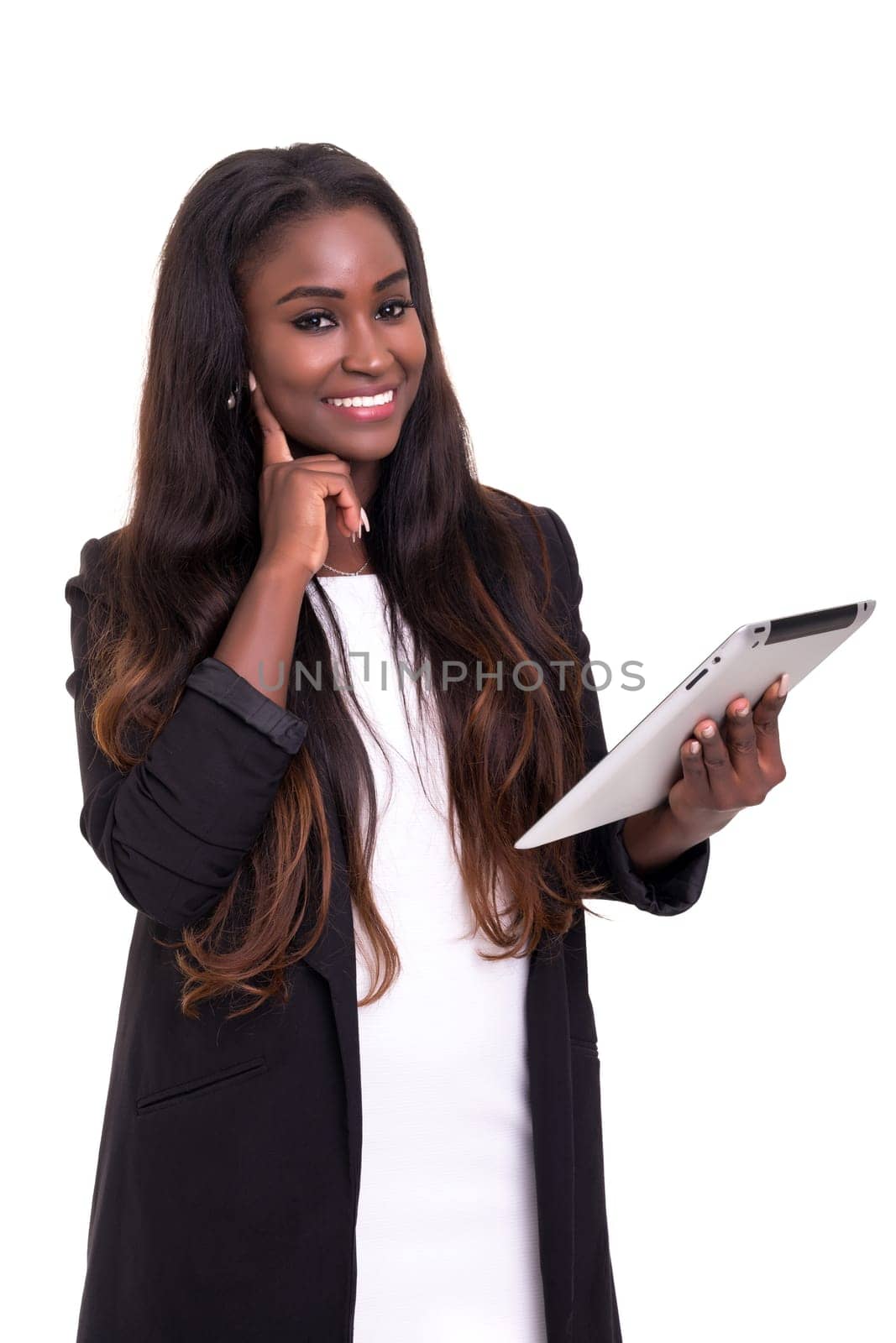 Young african business woman working with a laptop pc, isolated over white