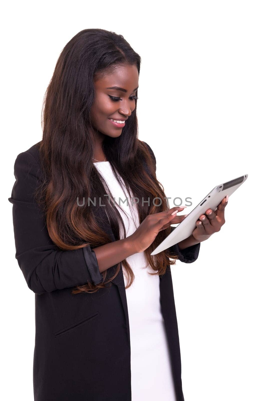 Young african business woman working with a laptop pc, isolated over white
