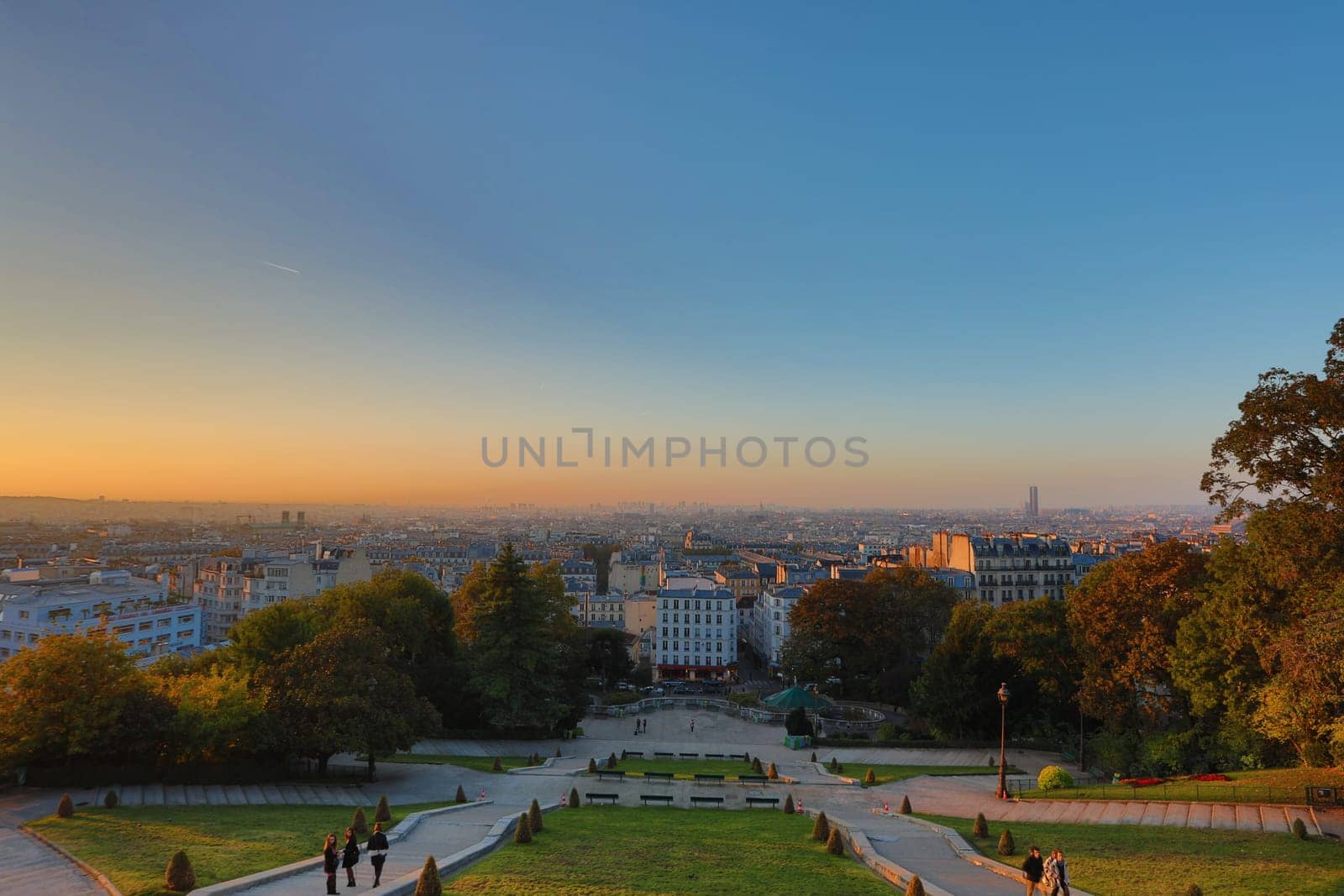 Paris city view seen from Montmarte at sunrise, France