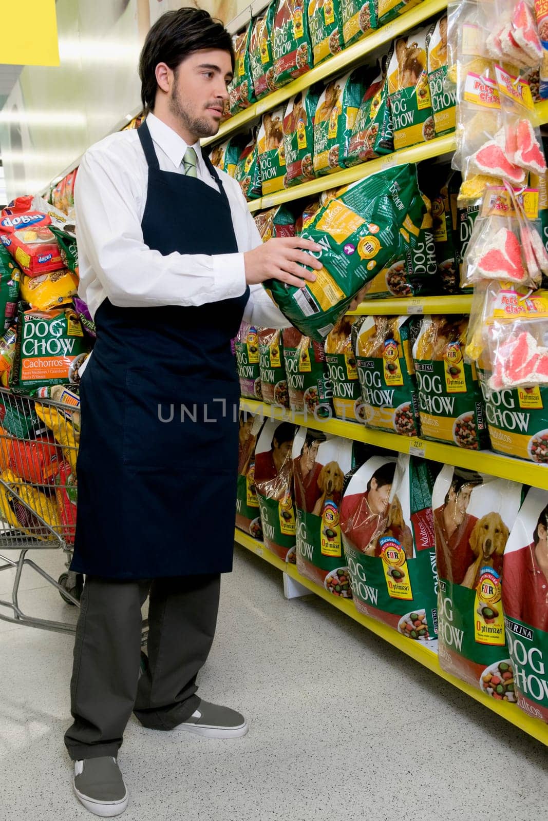 Sales clerk holding dog food in a supermarket