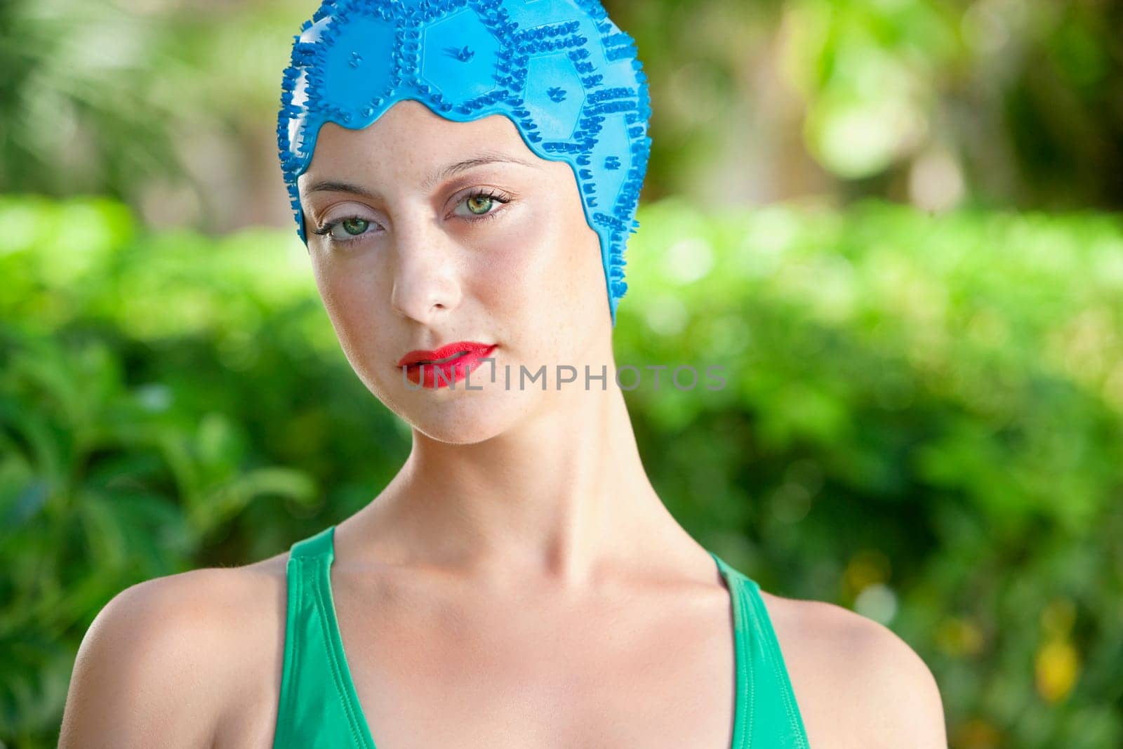 Portrait of a woman wearing a swimming cap, Biltmore Hotel, Coral Gables, Florida, USA