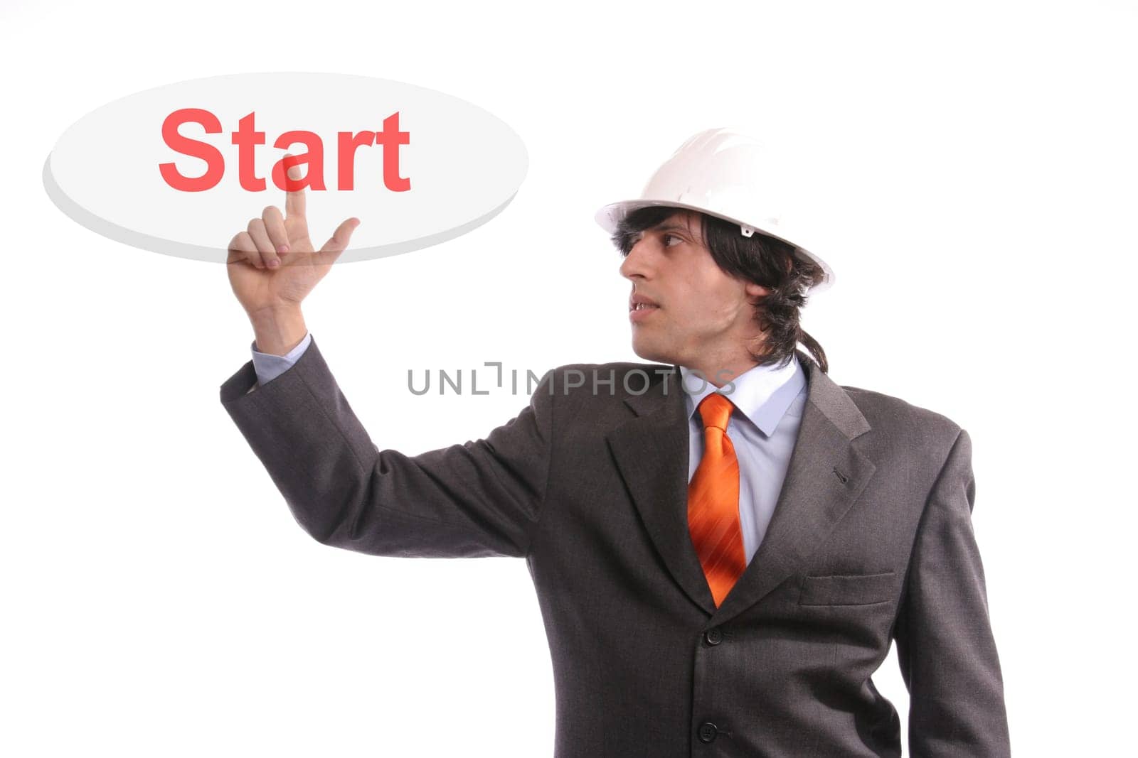 young business man presses key, isolated on white background