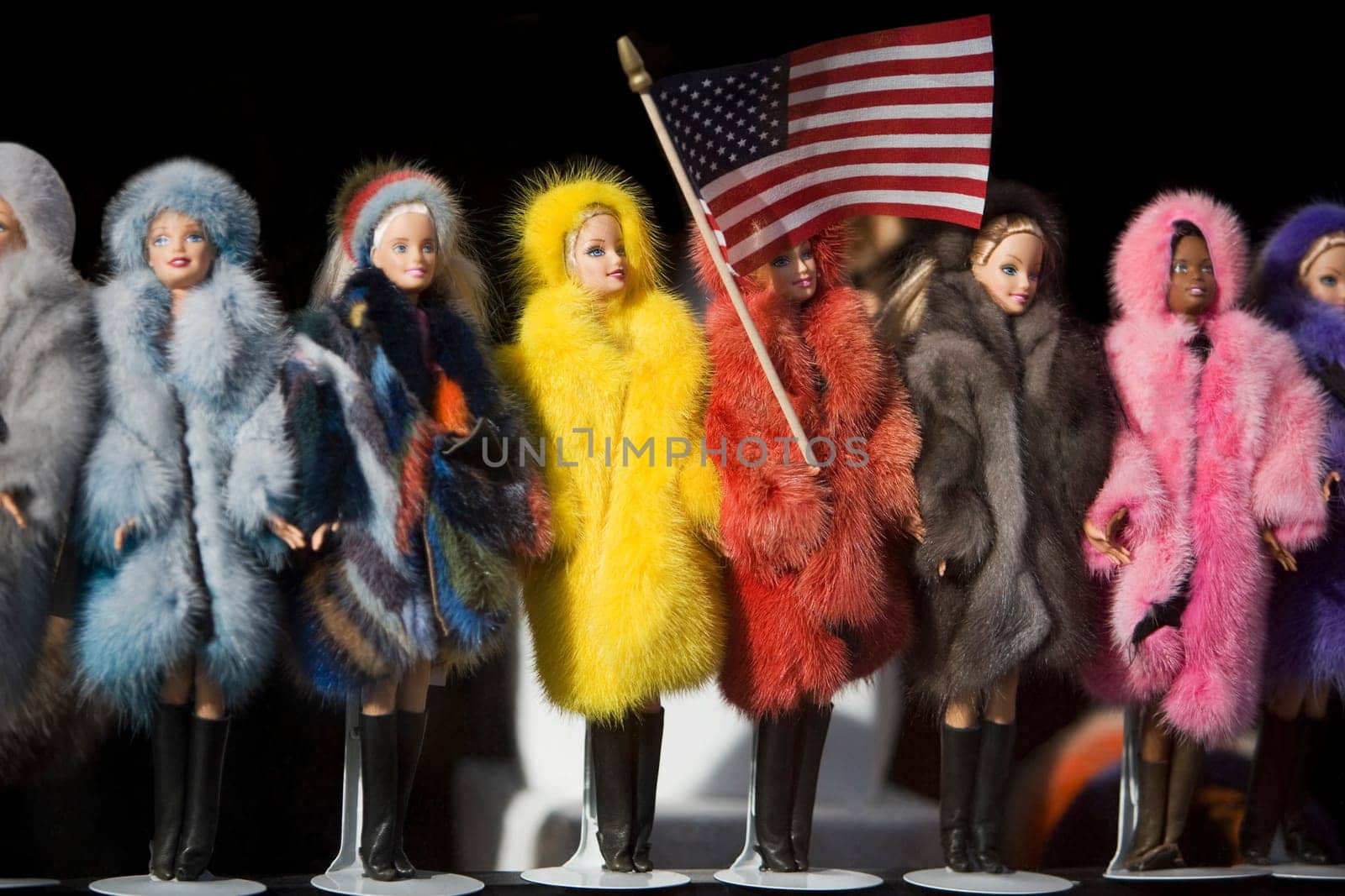 Close_up of fashion dolls with an American Flag, New York City, New York State, USA