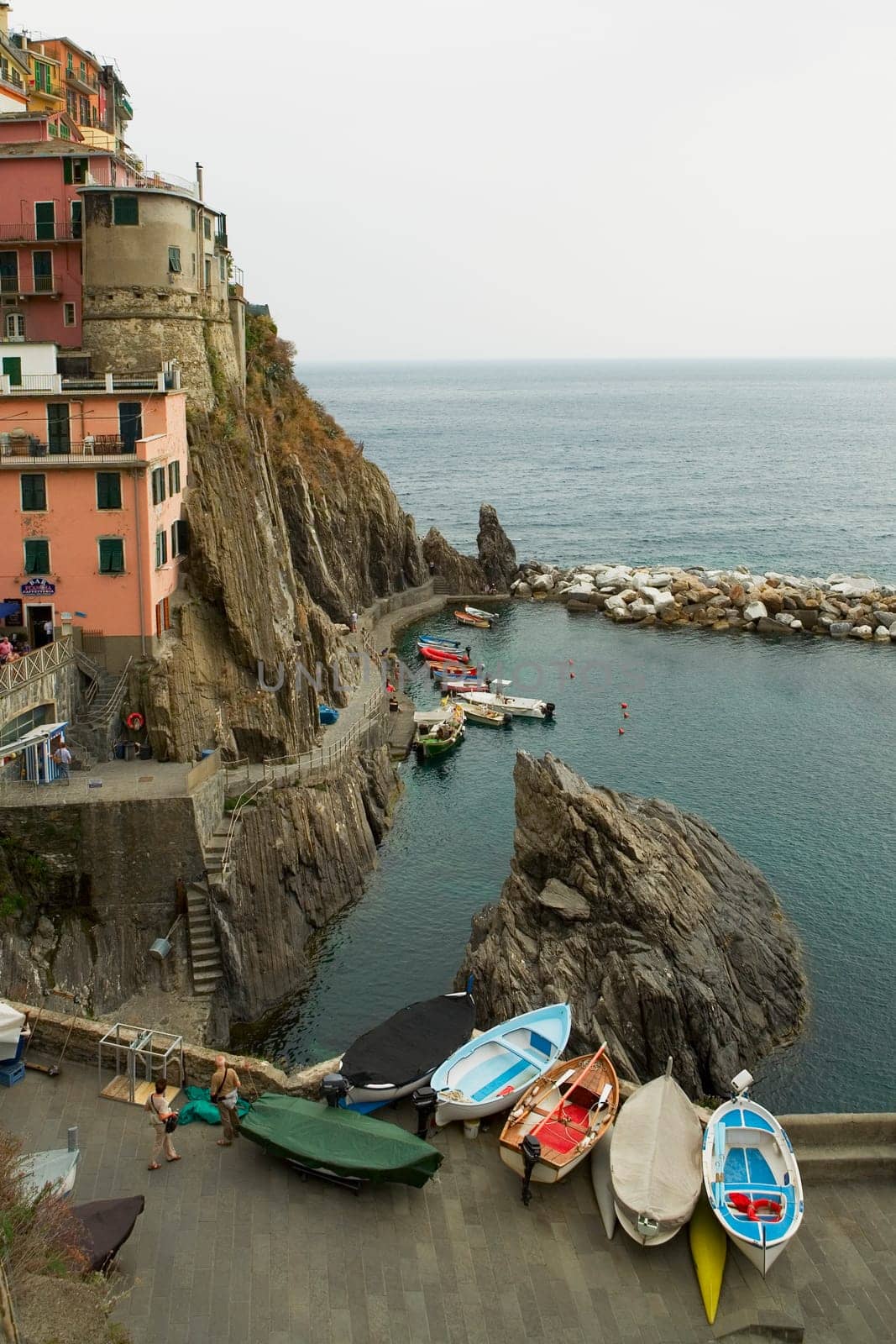 High angle view of boat at the coast, Cinque Terre, Manarola, La Spezia, Liguria, Italy