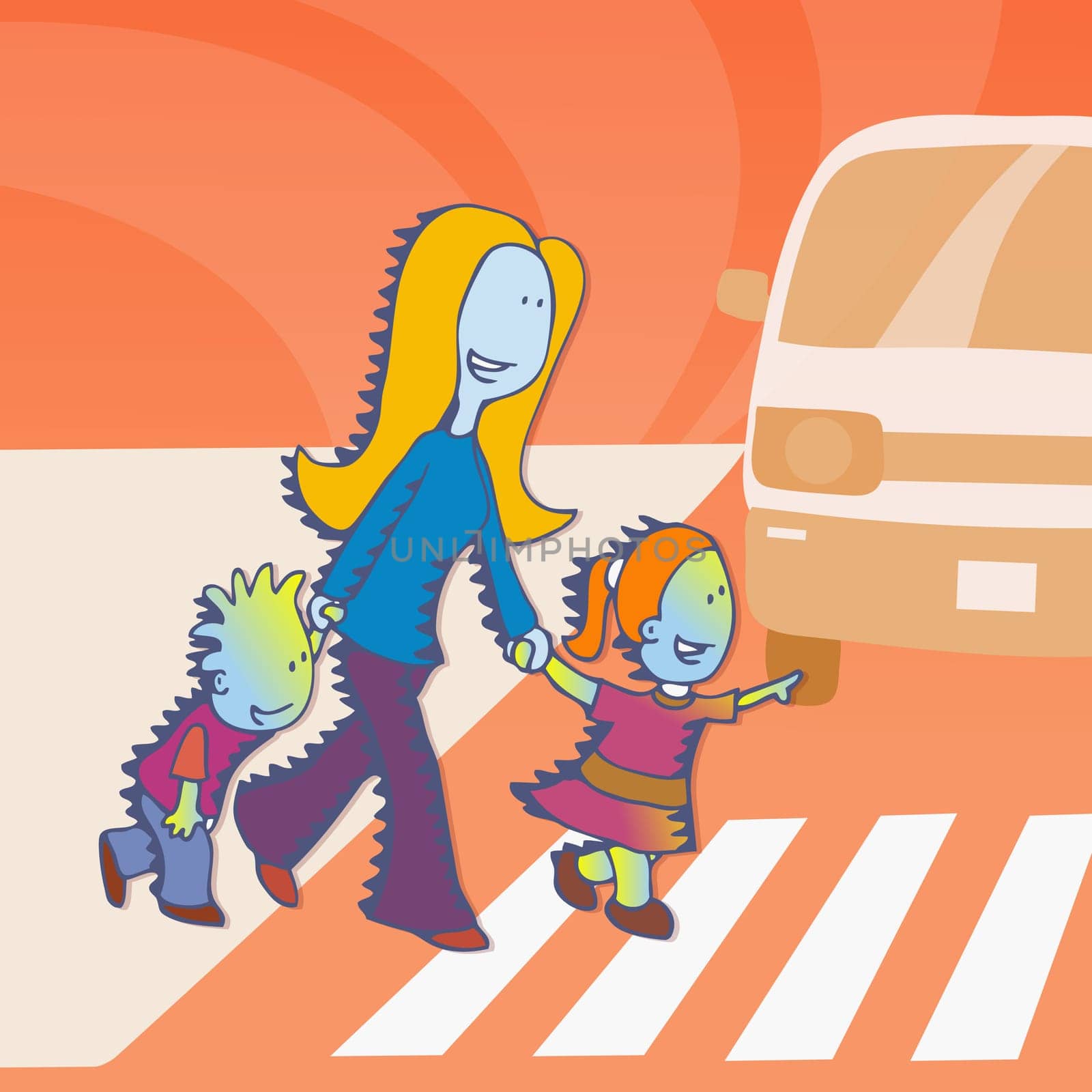 Woman and her children crossing a road