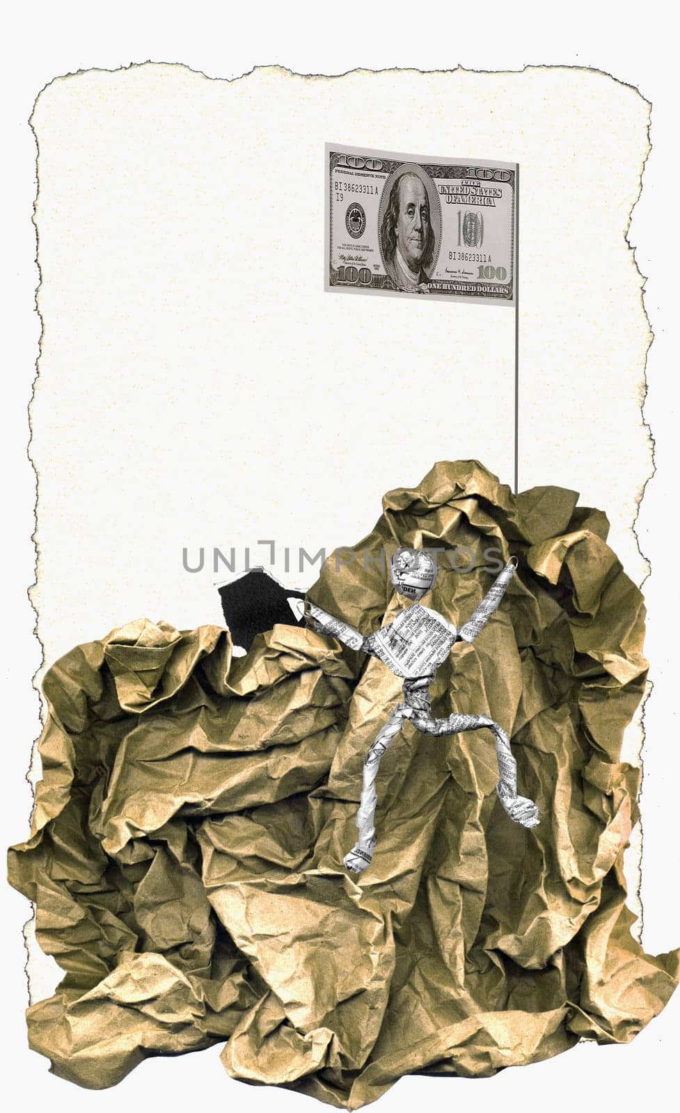 Figurine of a man climbing a mound of paper