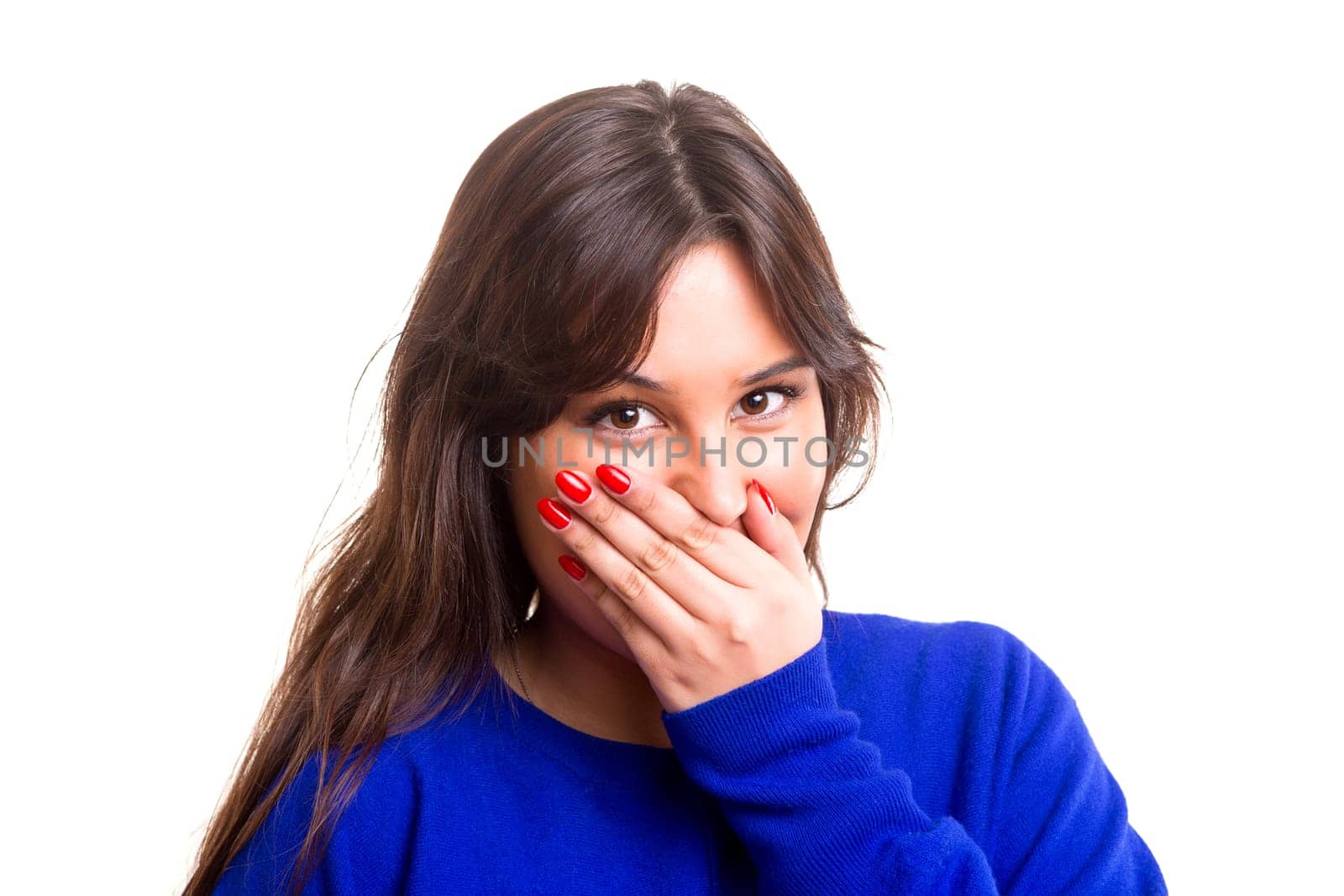 Surprised young woman isolated over white background
