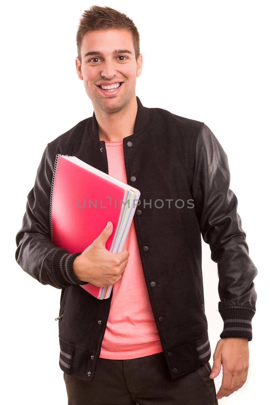 Young happy student posing isolated over white background