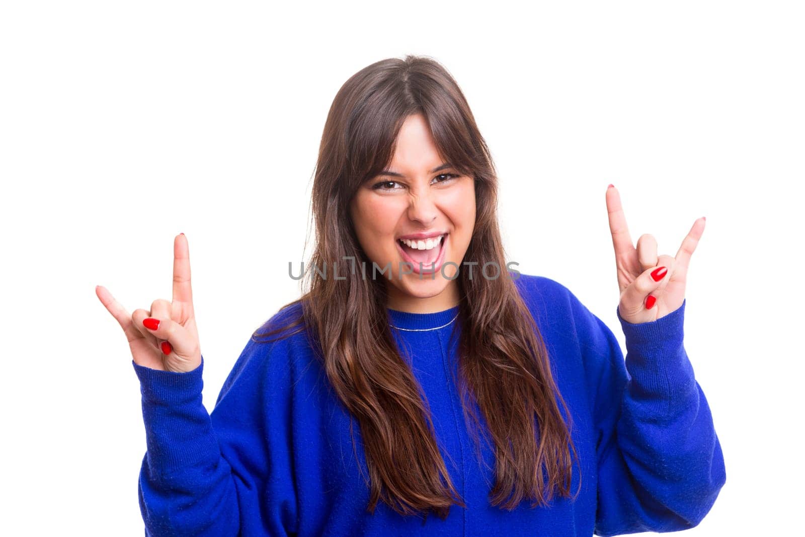 Happy woman showing rock sign, isolated over white