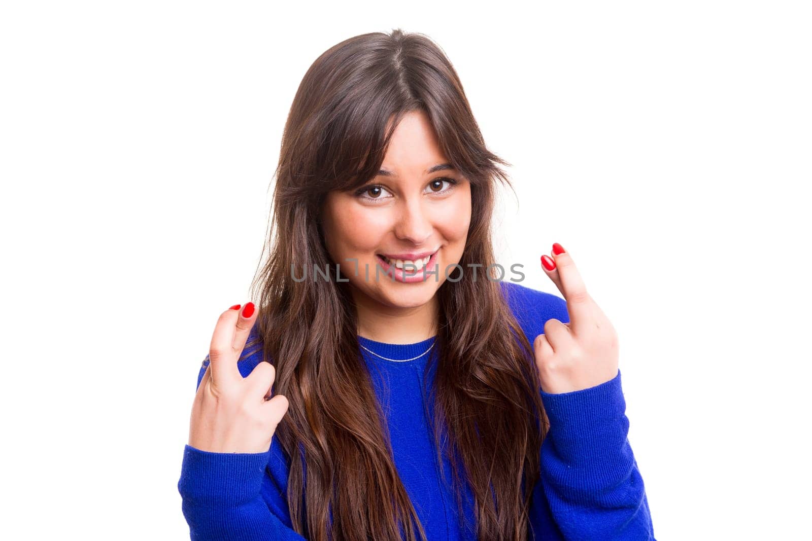 Woman with crossed fingers, isolated over a white background