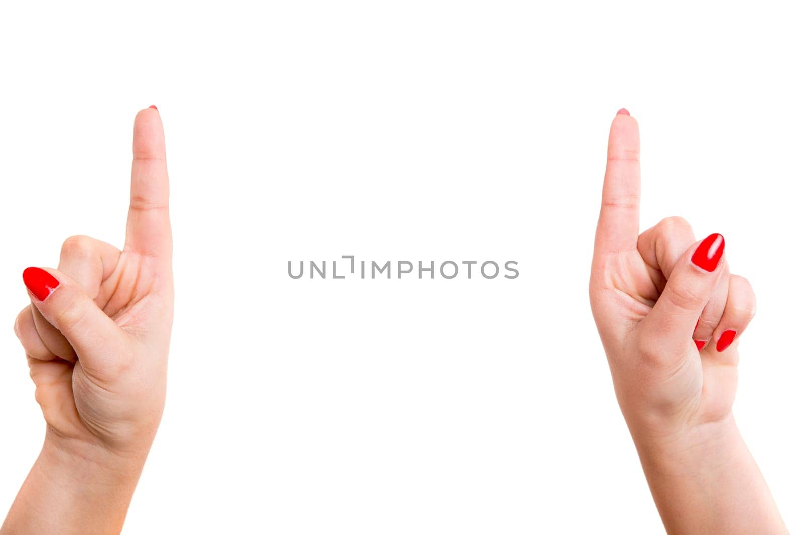 Cropped view of two hands pointing their index fingers upwards