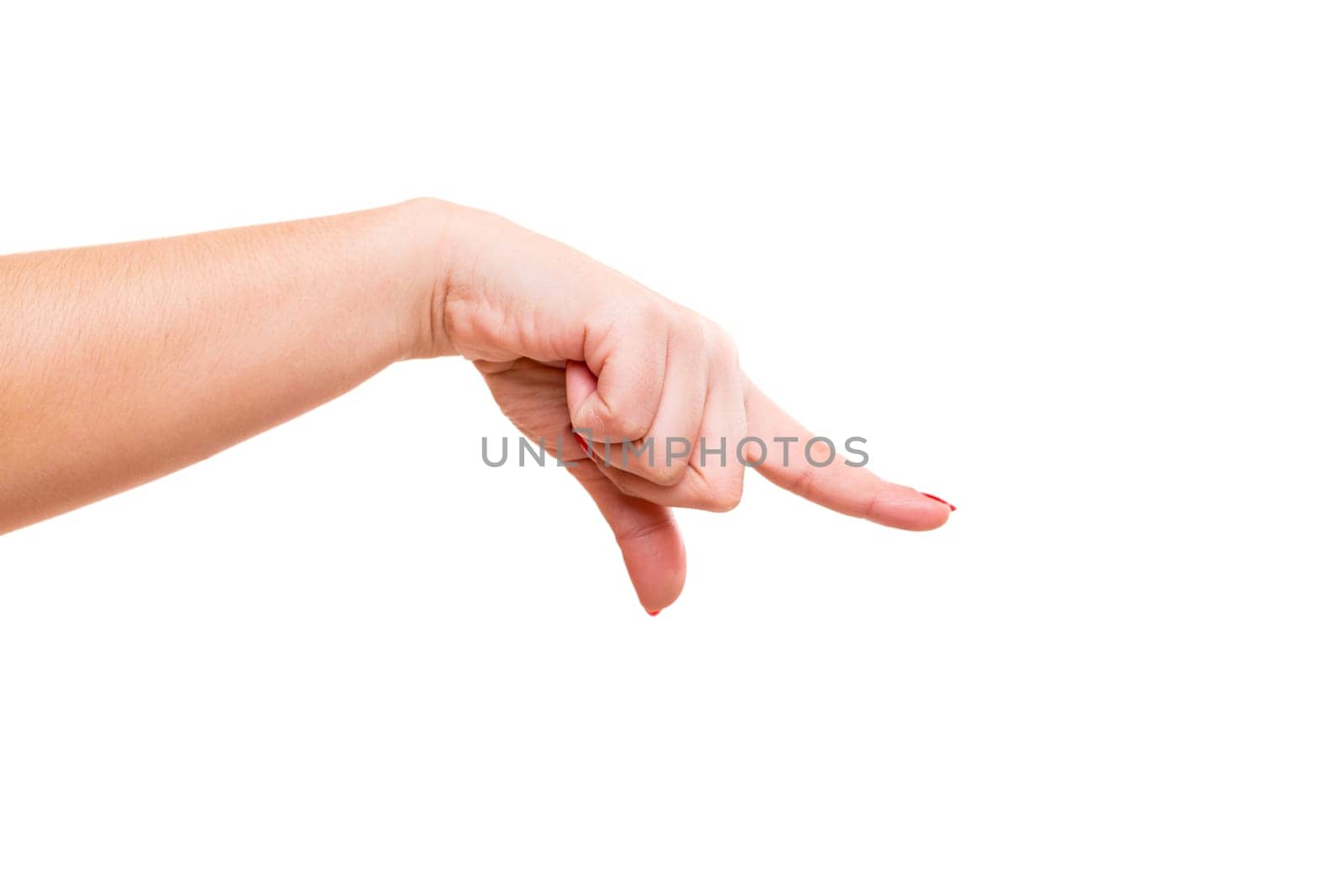 A female hand pointing his finger downwards