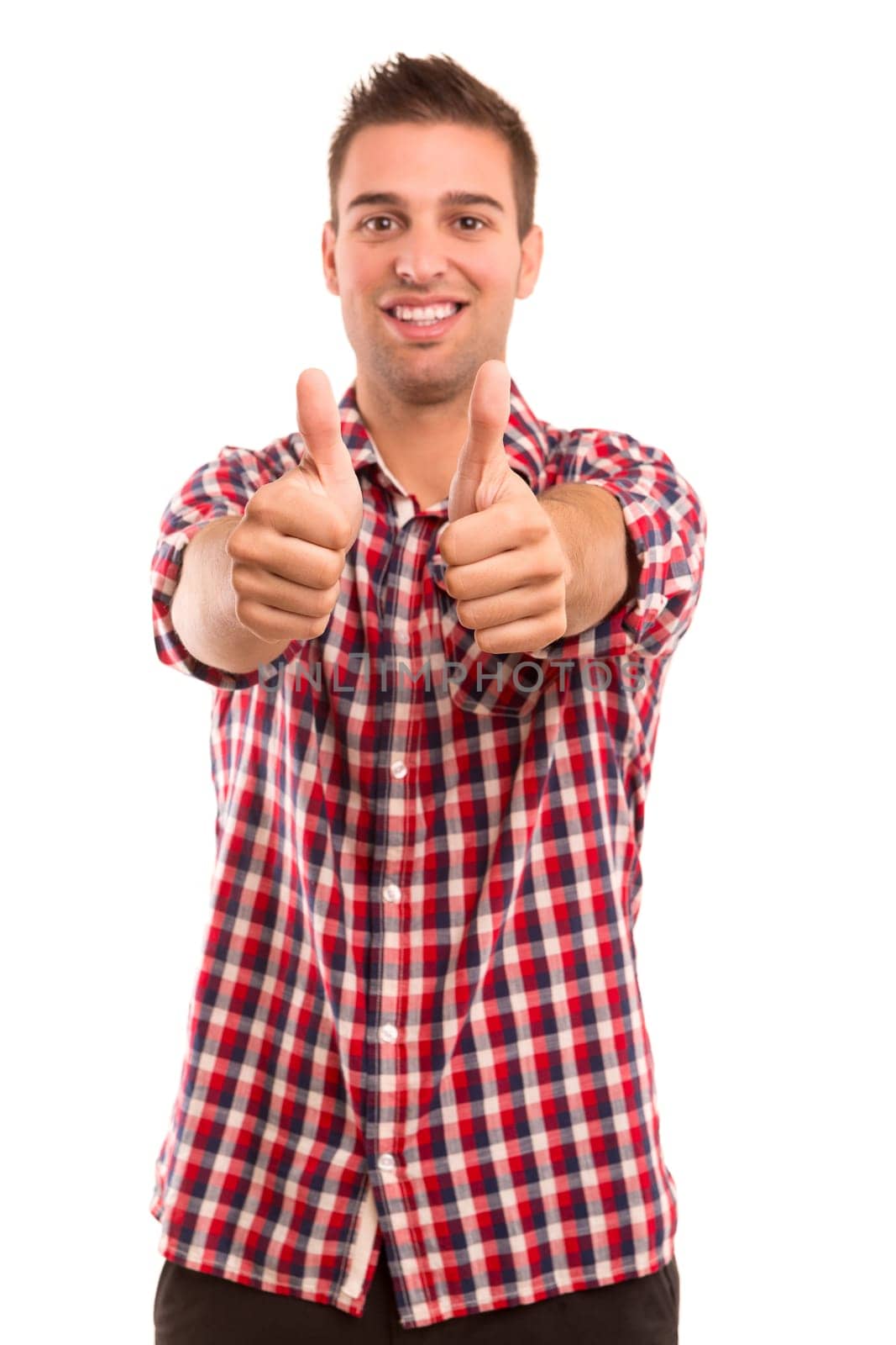 Young handsome man expressing positivity - isolated over white