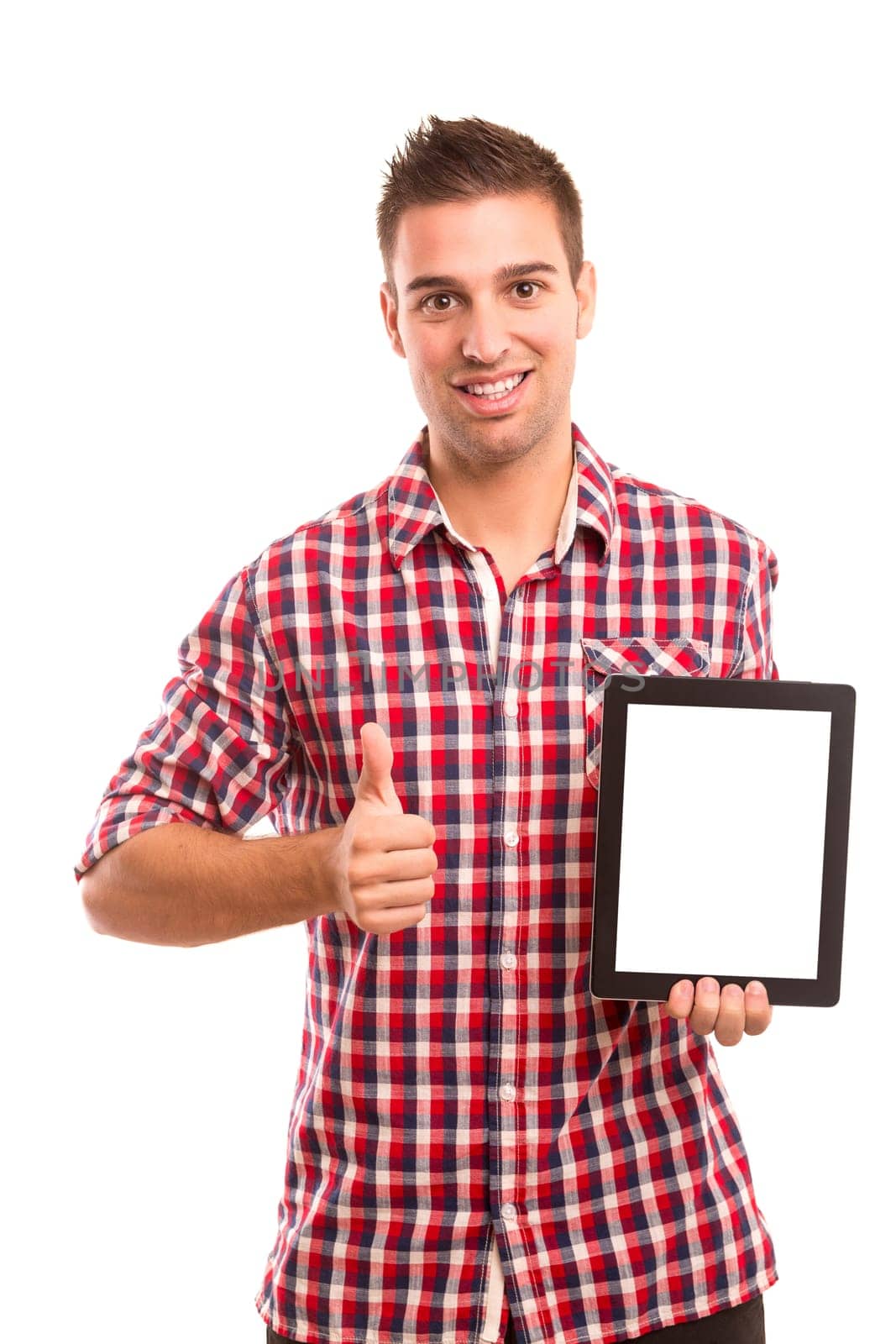 Happy young man presenting your product in a tablet computer