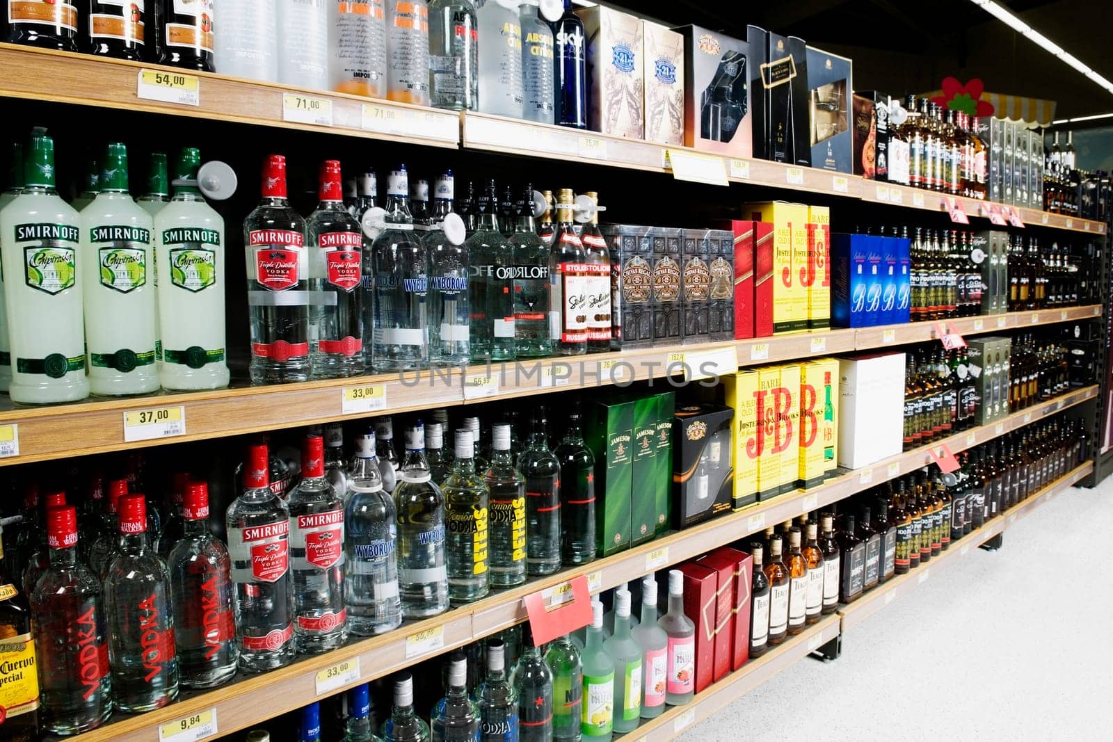 Bottles arranged in a liquor store