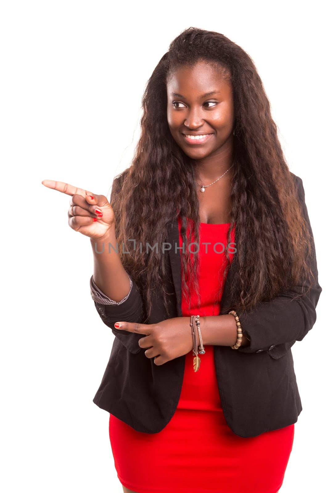 Young beautiful woman presenting your product, isolated over white background