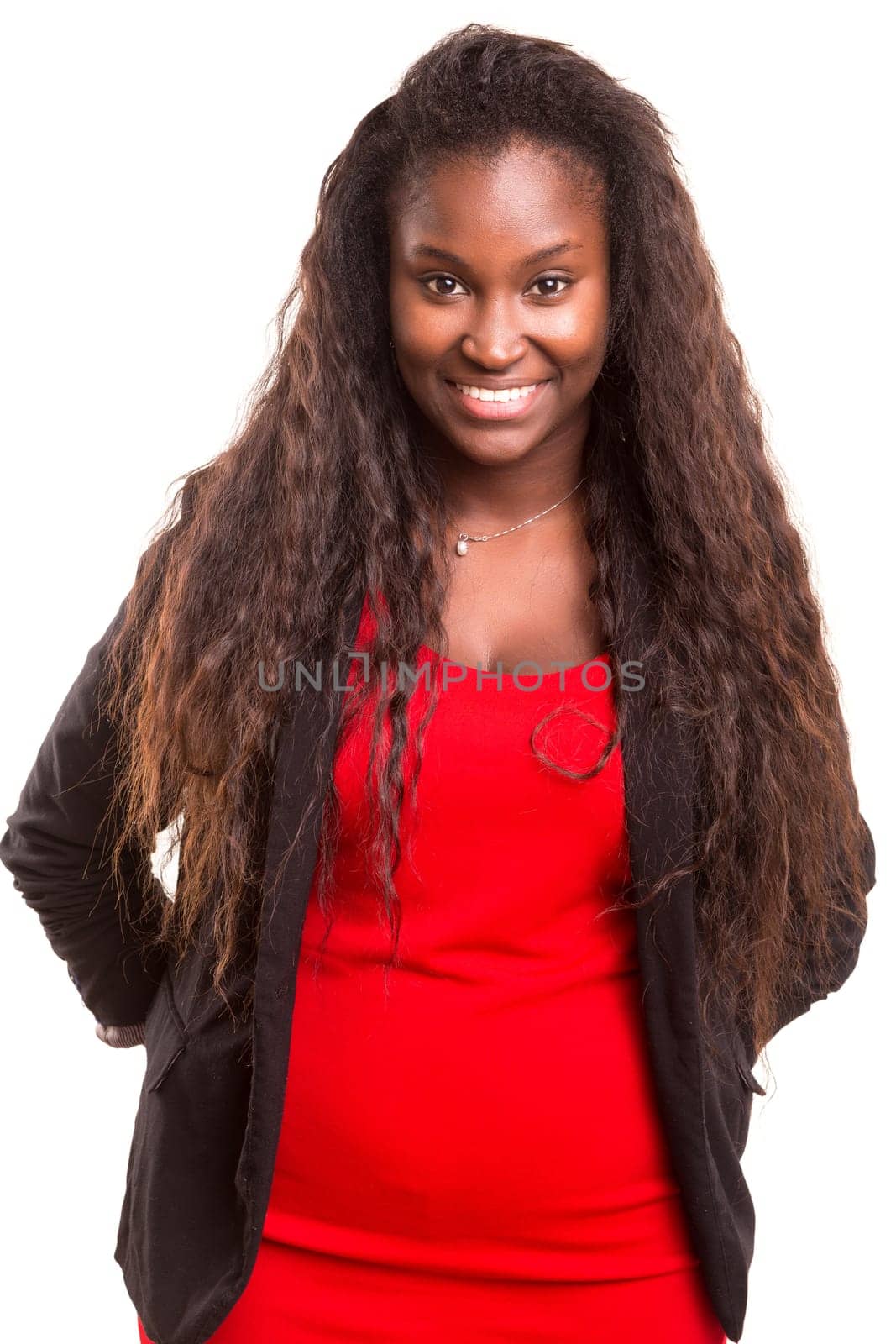 Beautiful young african woman posing isolated over white