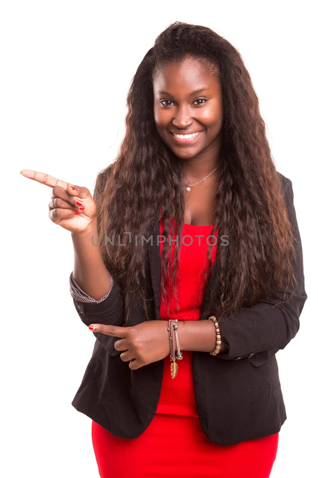 Young beautiful woman presenting your product, isolated over white background