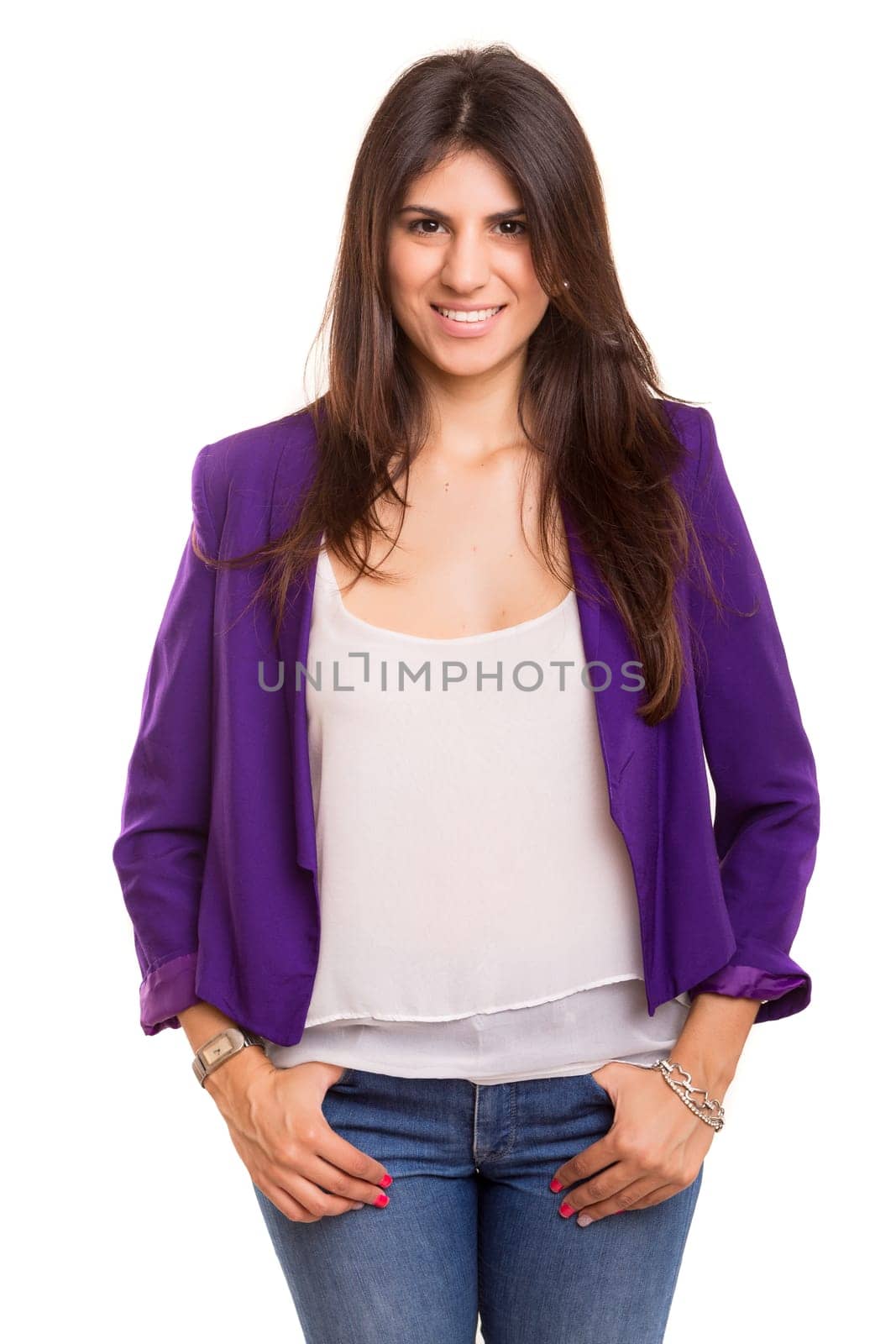 A very beautiful young woman posing isolated over copy space background
