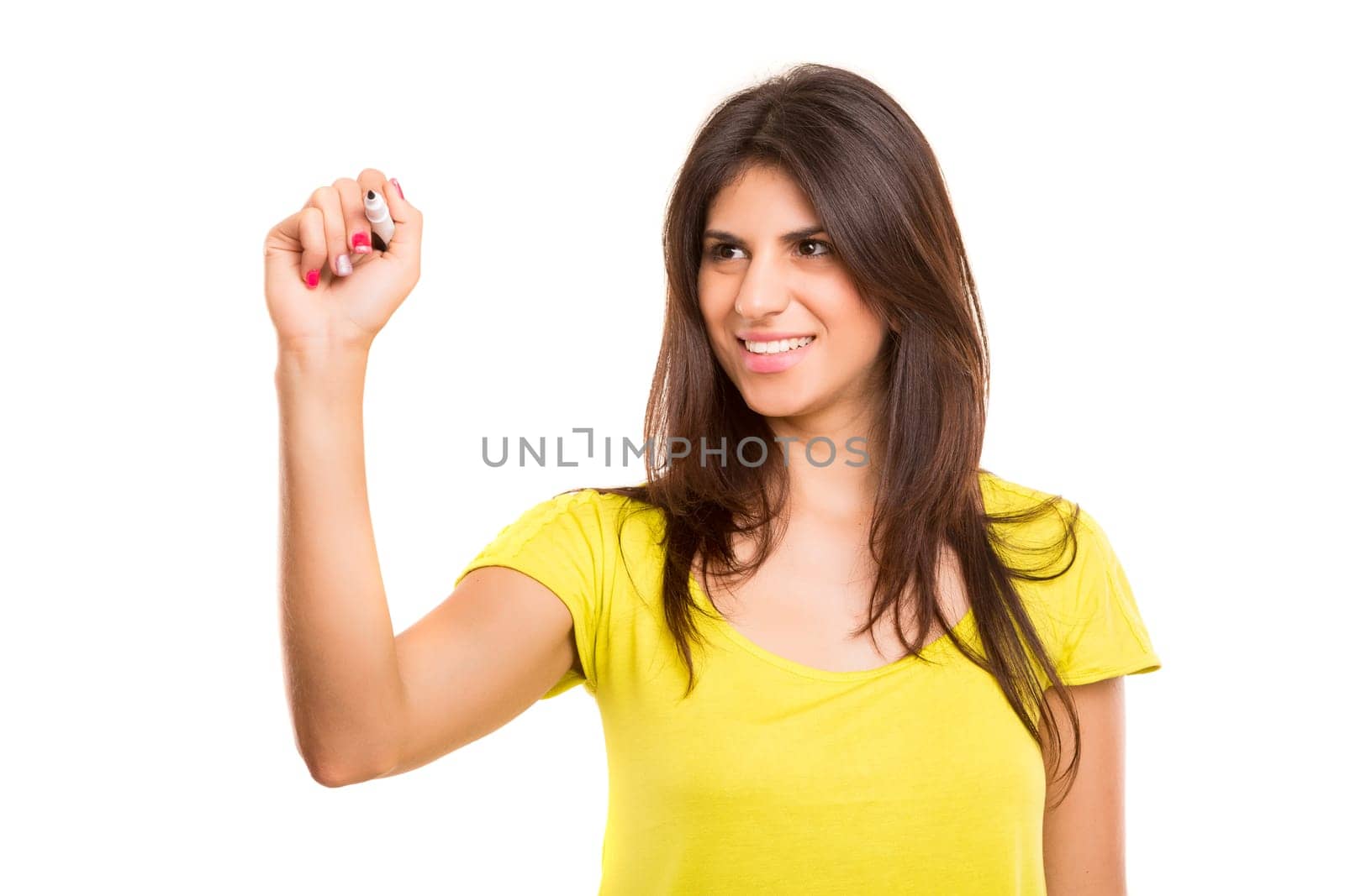 Business woman, drawing on whiteboard, isolated over white