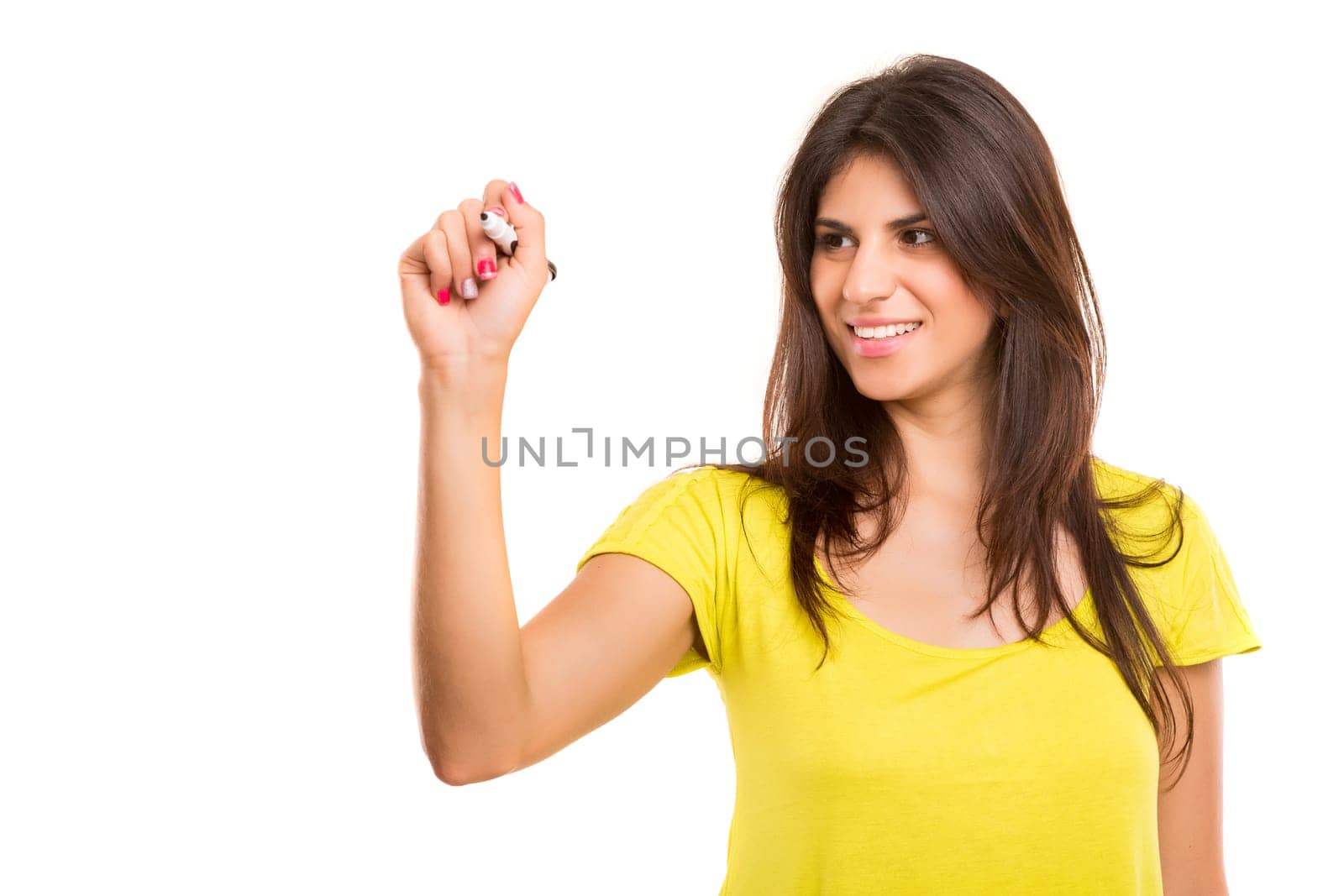 Business woman, drawing on whiteboard, isolated over white