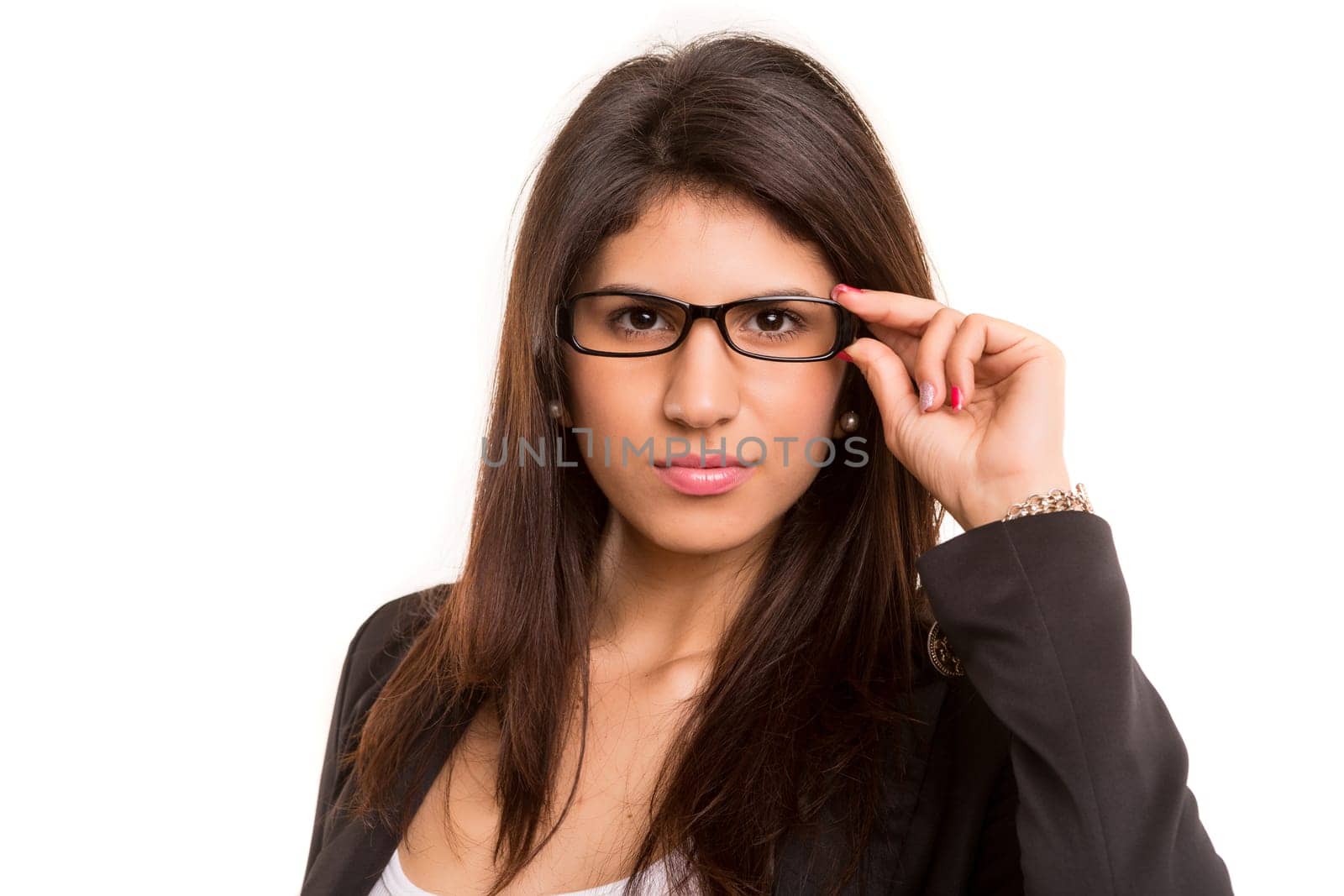 Beautiful young woman wearing glasses, isolated over copy space background