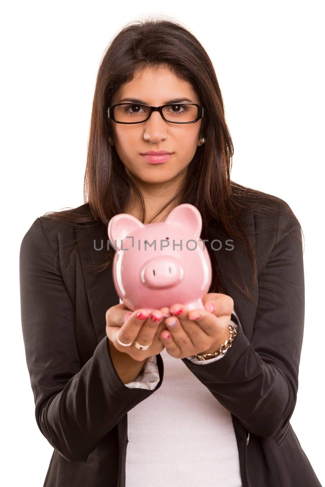 Young woman holding a piggy bank (money box) - savings concept