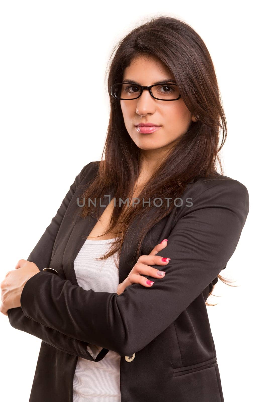 Beautiful young business woman posing isolated over copy space background