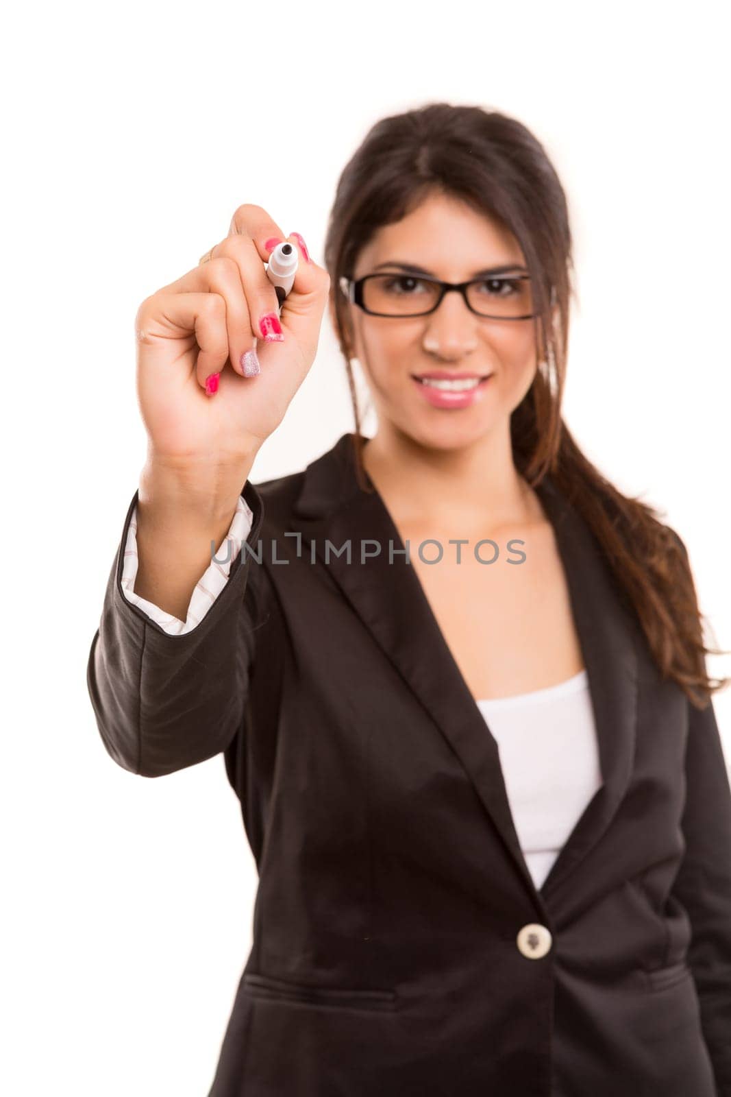 Business woman, drawing on whiteboard, isolated over white