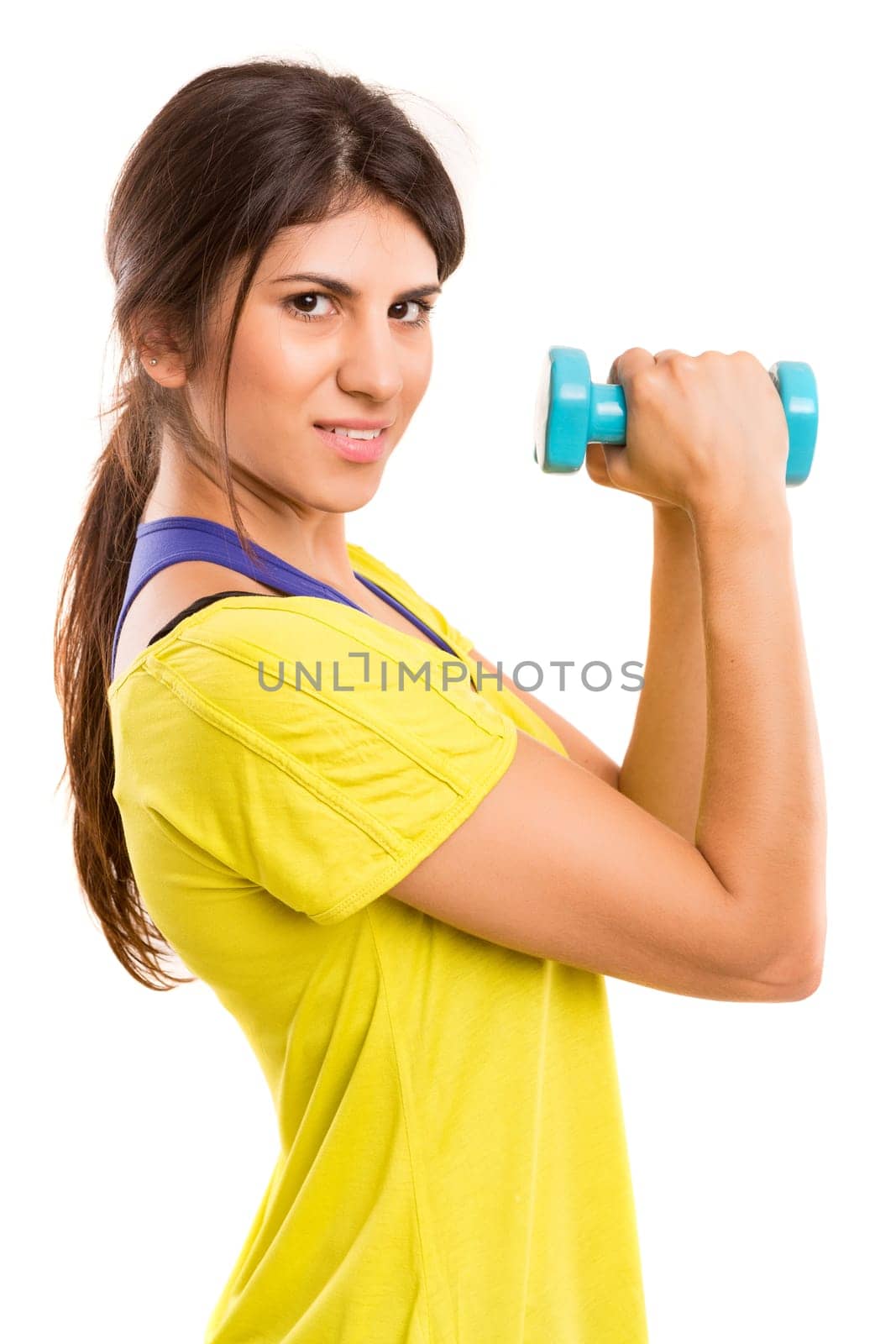 Beautiful woman exercising - fitness concept - isolated over copy space background