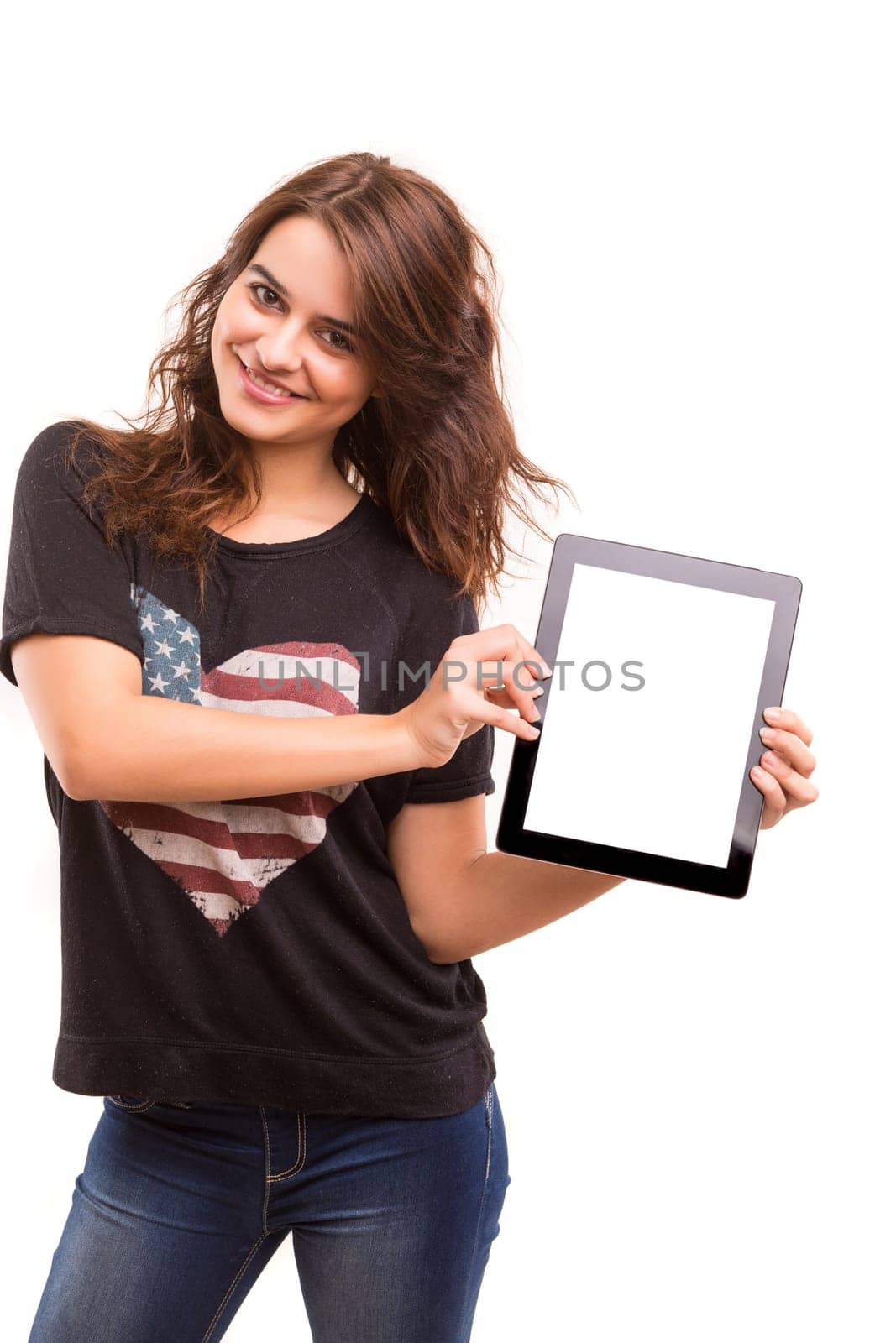Happy young woman presenting your product in a tablet computer