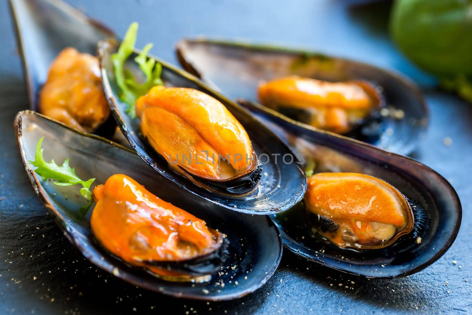 Macro close up of appetizing fresh Steamed sea mussels. Large blue mussels on dark plate