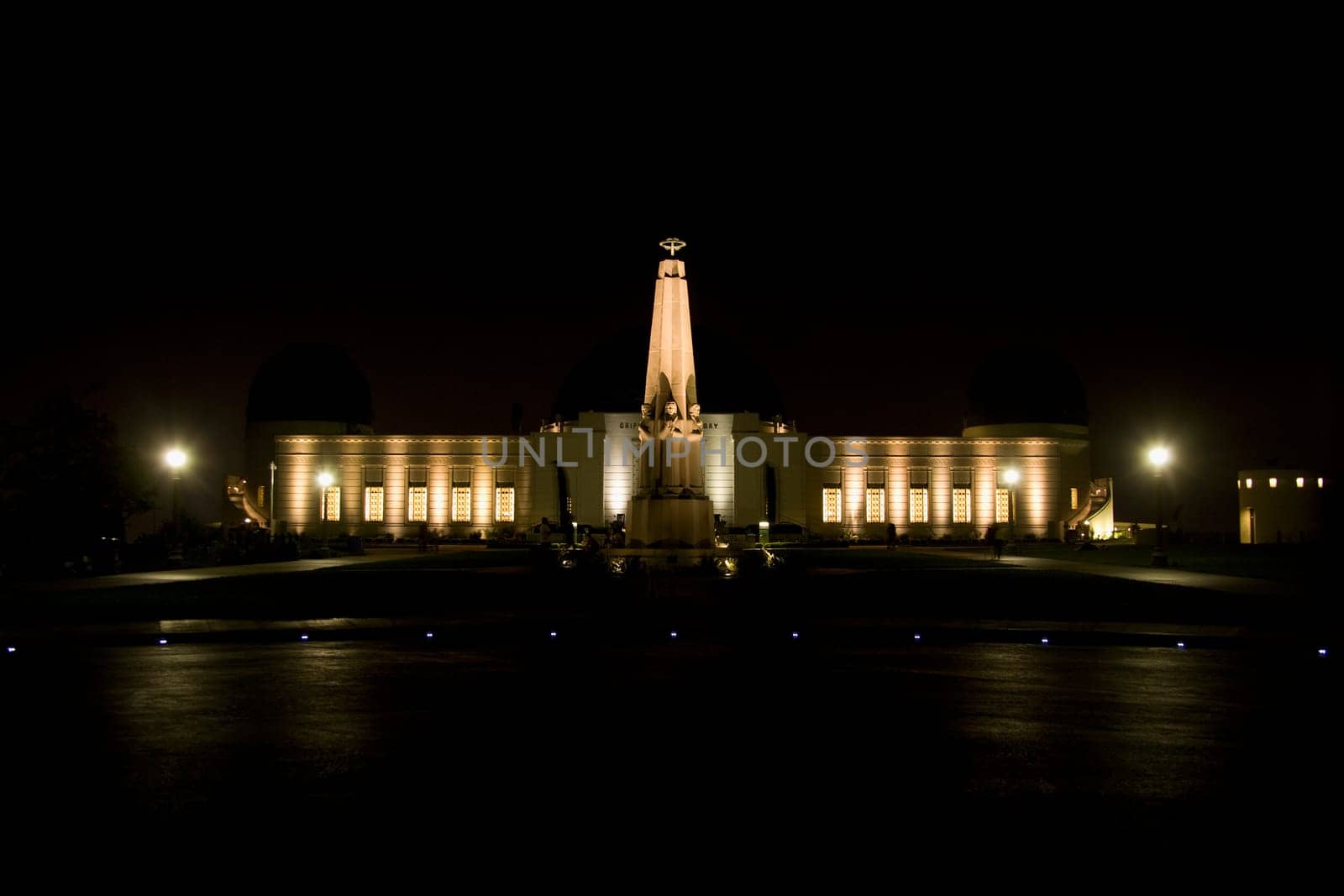Building lit up at night, Griffith Park Observatory, Los Angeles, California, USA