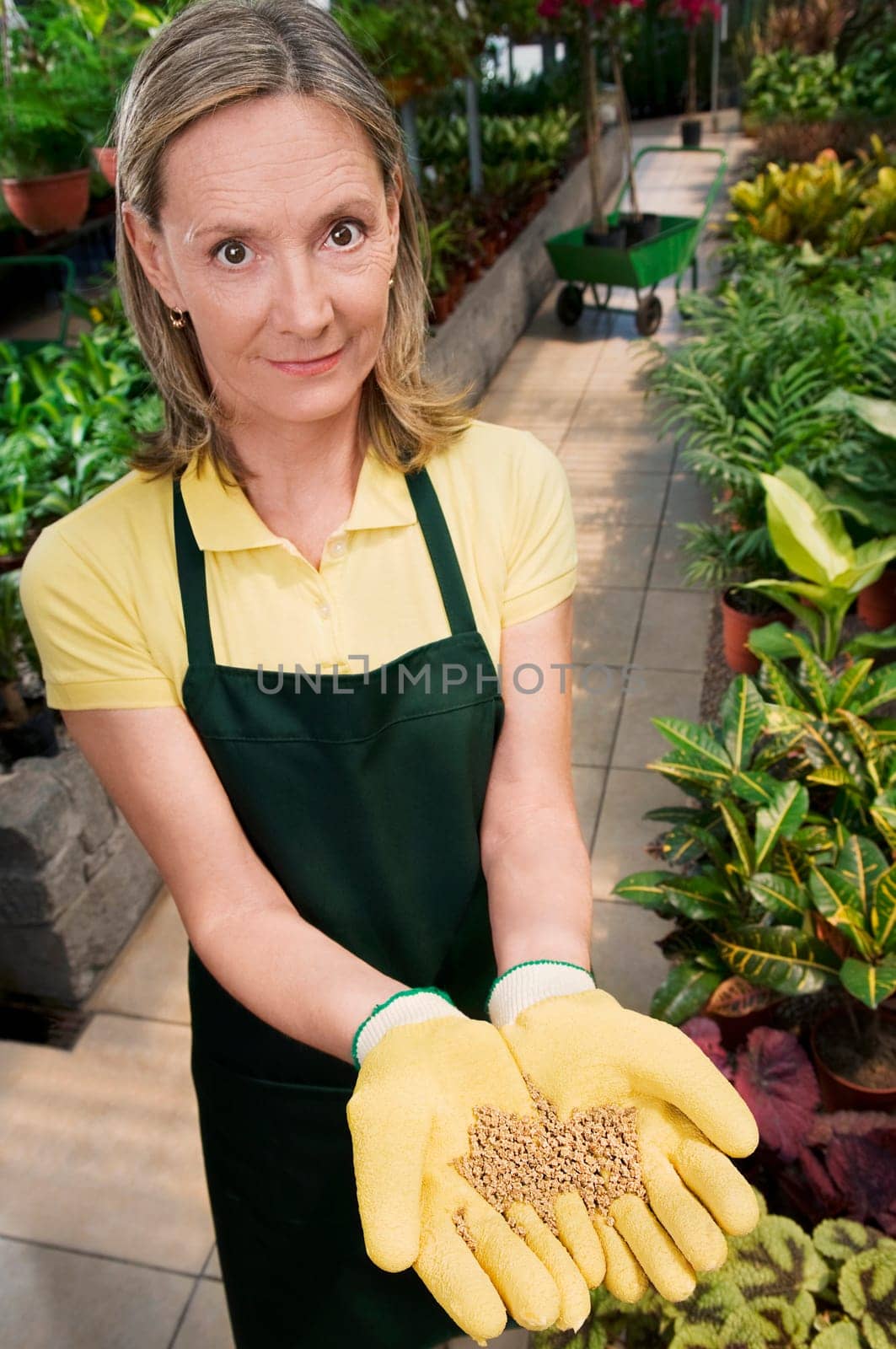 Woman holding a handful of compost in a greenhouse