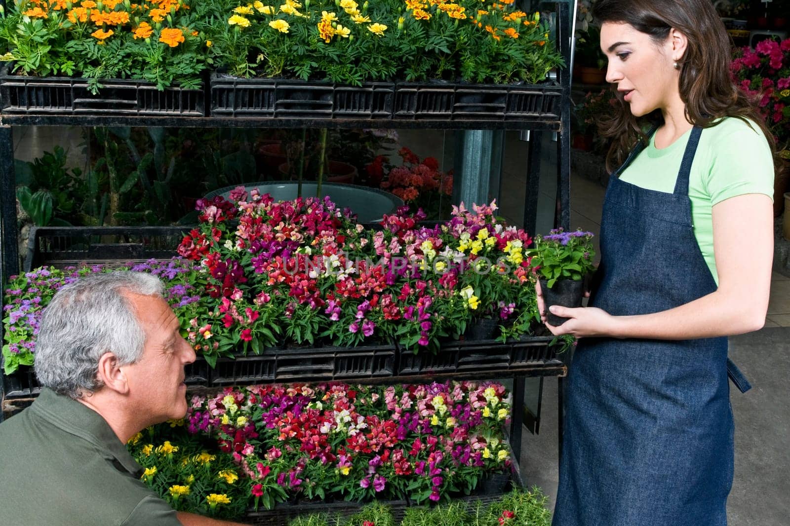 Man and a woman working in a greenhouse
