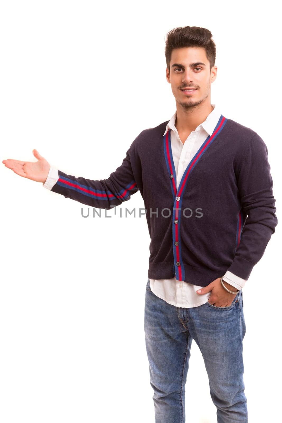 Young man presenting your product, isolated over a white background