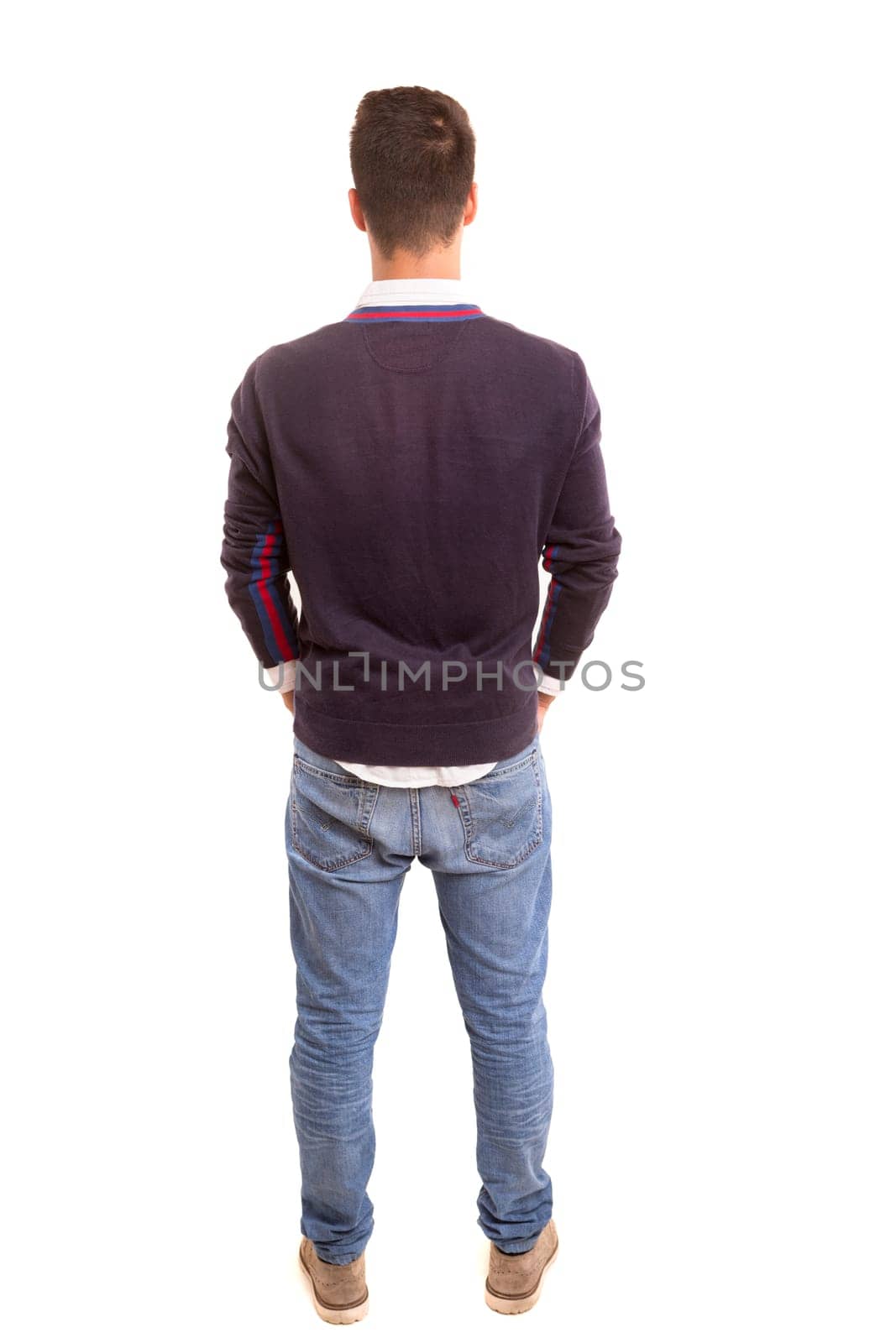Young man with back turned to camera