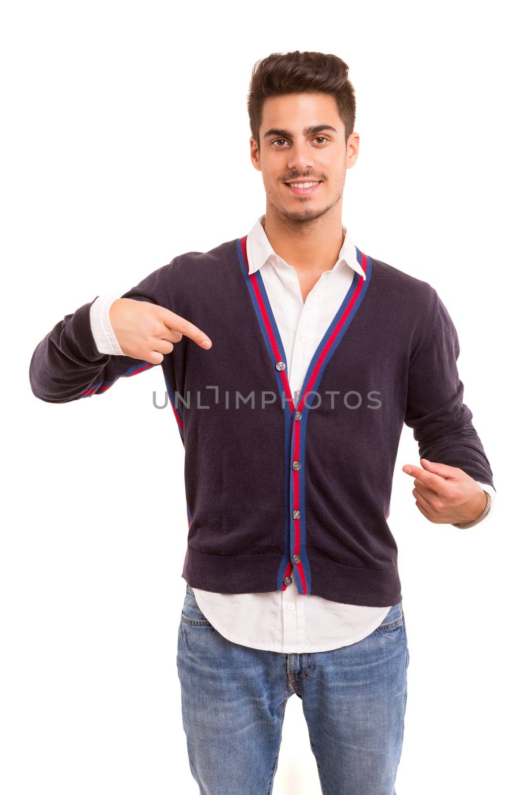 Young man presenting your product, isolated over a white background