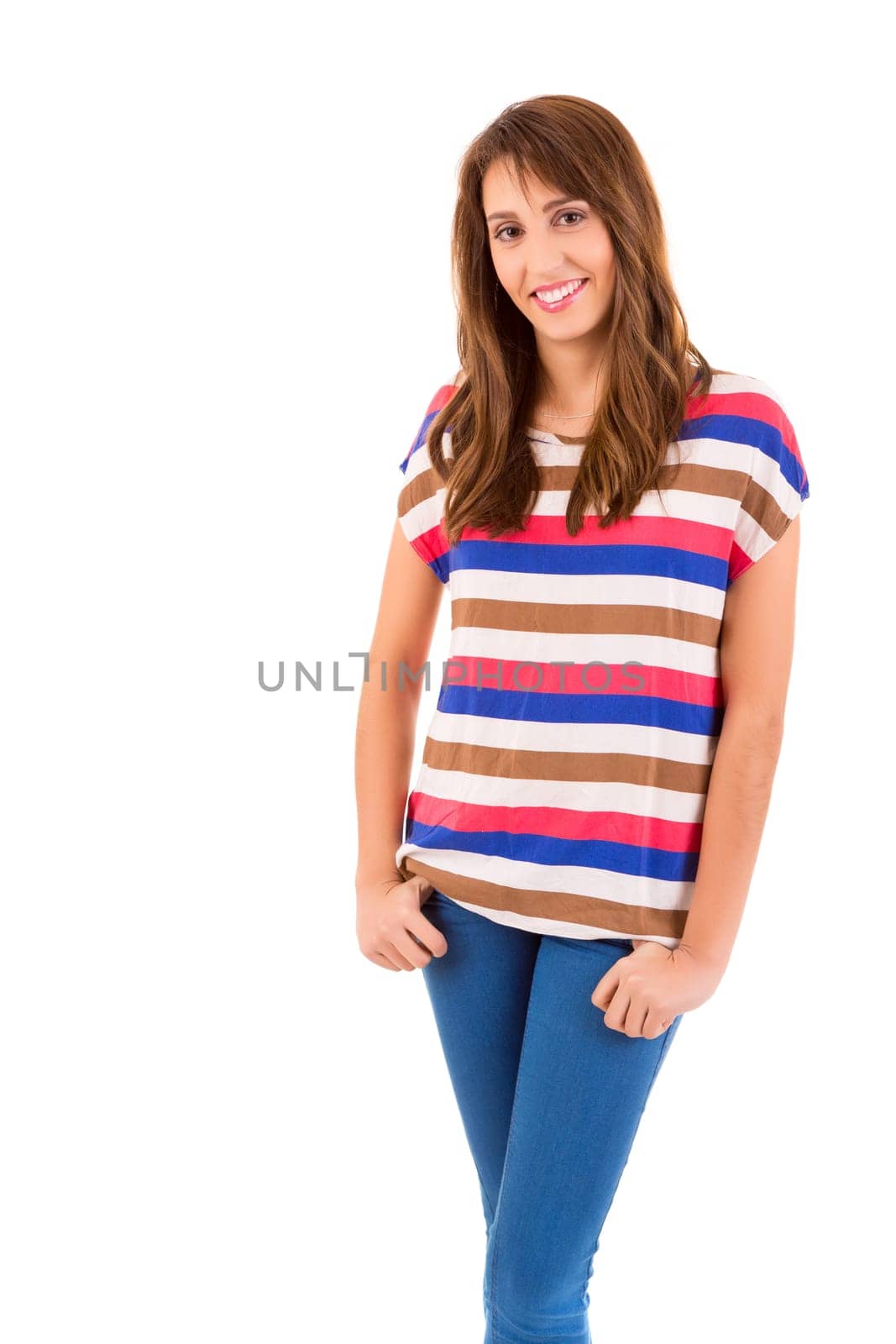 Young student woman posing over white background