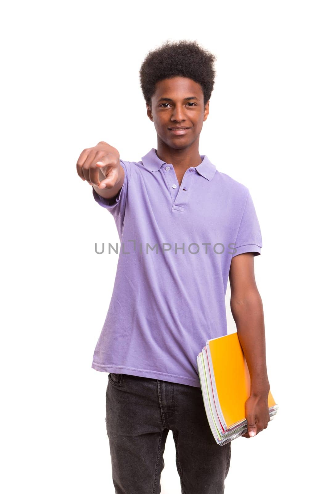 Young african student posing isolated over a white background