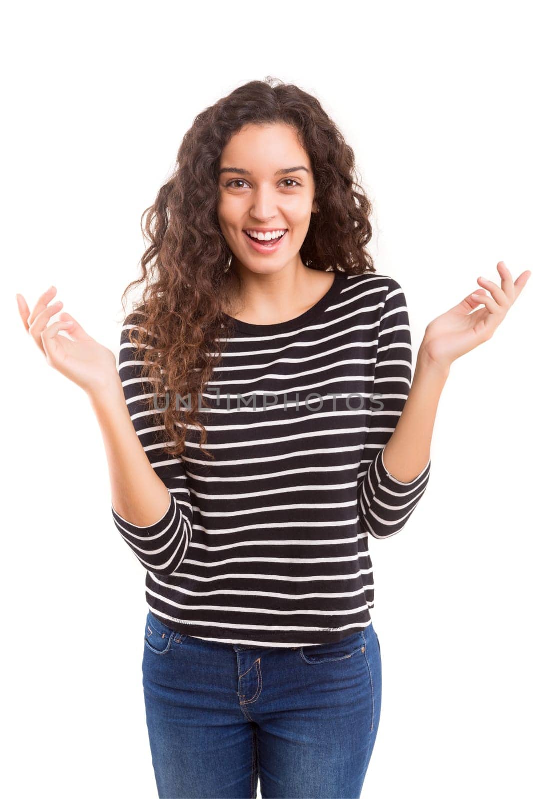 Surprised young woman isolated over white background